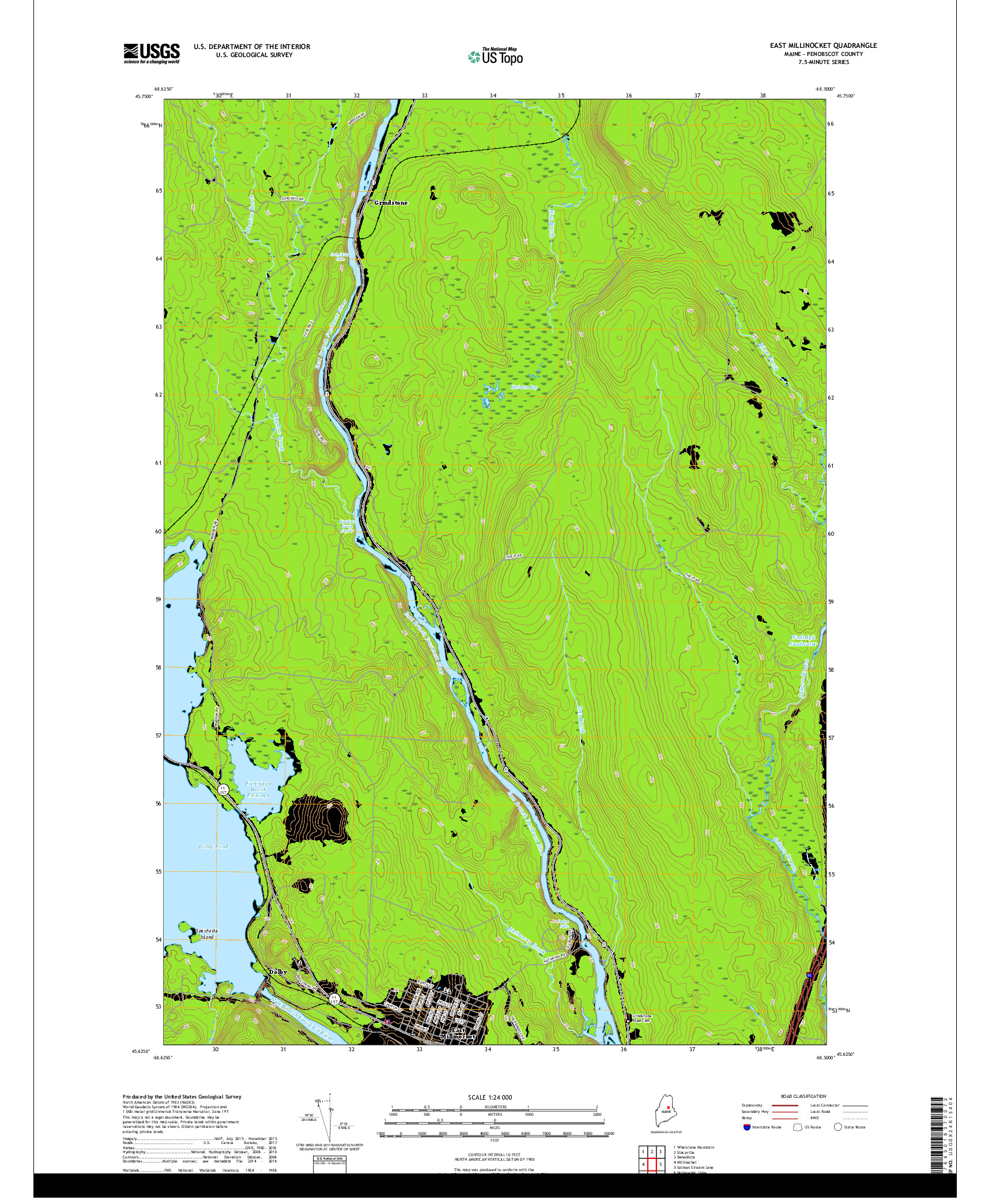 USGS US TOPO 7.5-MINUTE MAP FOR EAST MILLINOCKET, ME 2018