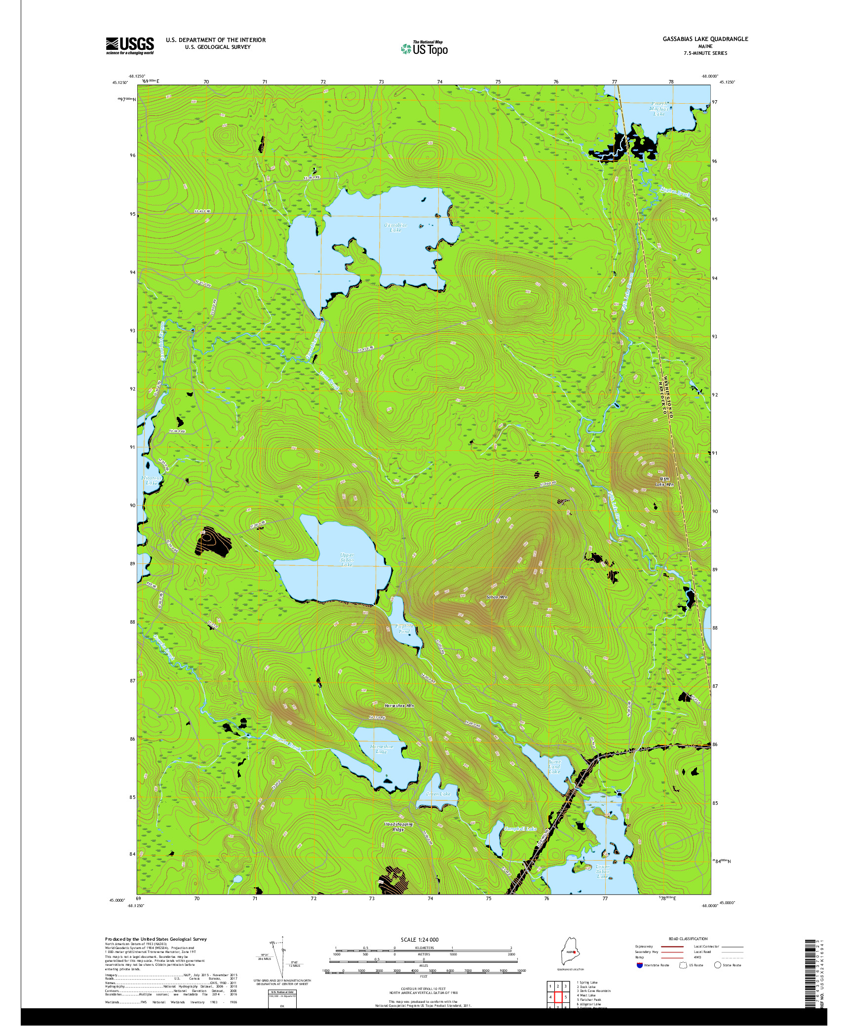 USGS US TOPO 7.5-MINUTE MAP FOR GASSABIAS LAKE, ME 2018