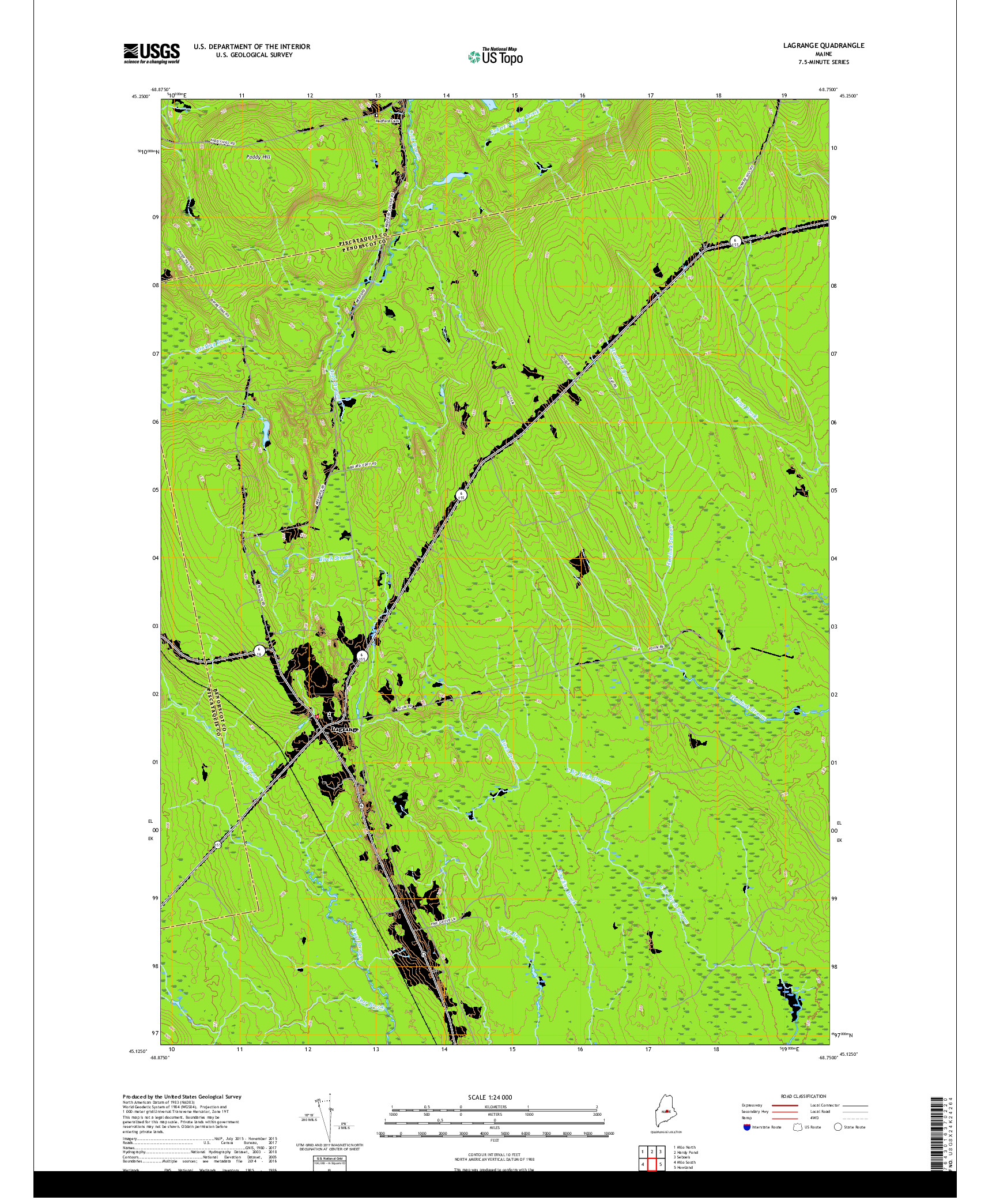 USGS US TOPO 7.5-MINUTE MAP FOR LAGRANGE, ME 2018