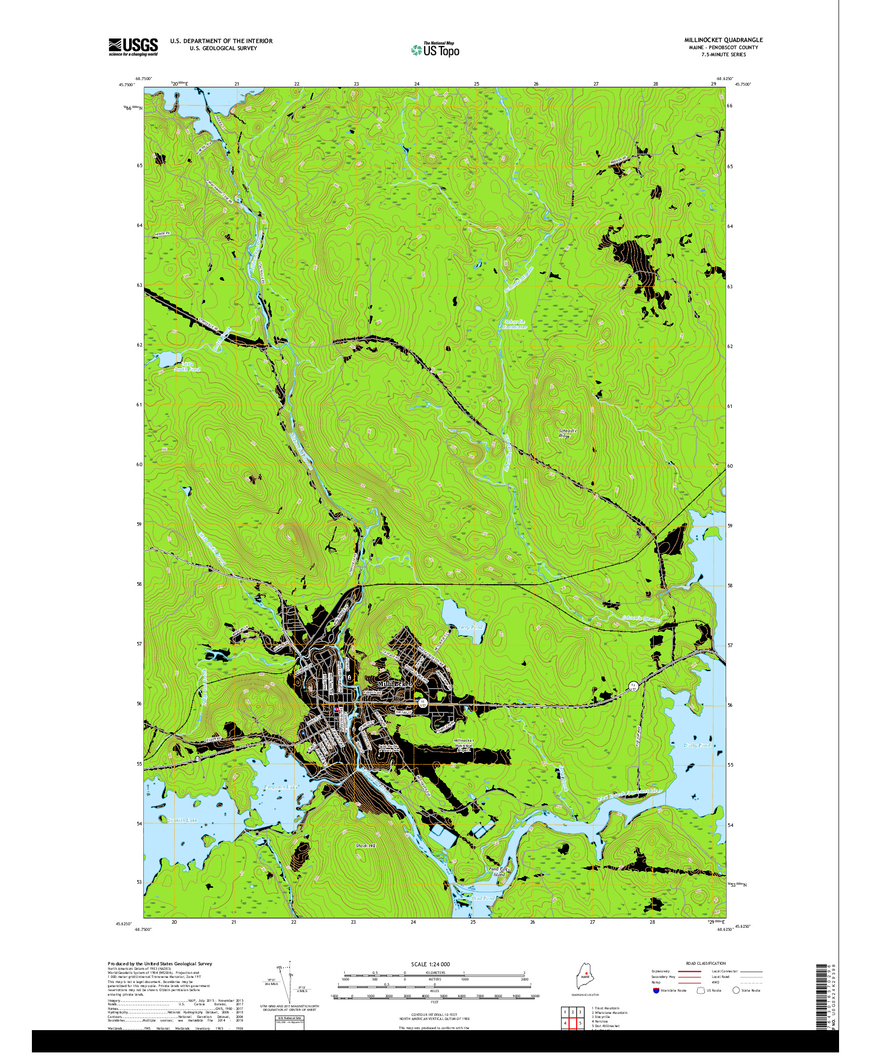 USGS US TOPO 7.5-MINUTE MAP FOR MILLINOCKET, ME 2018