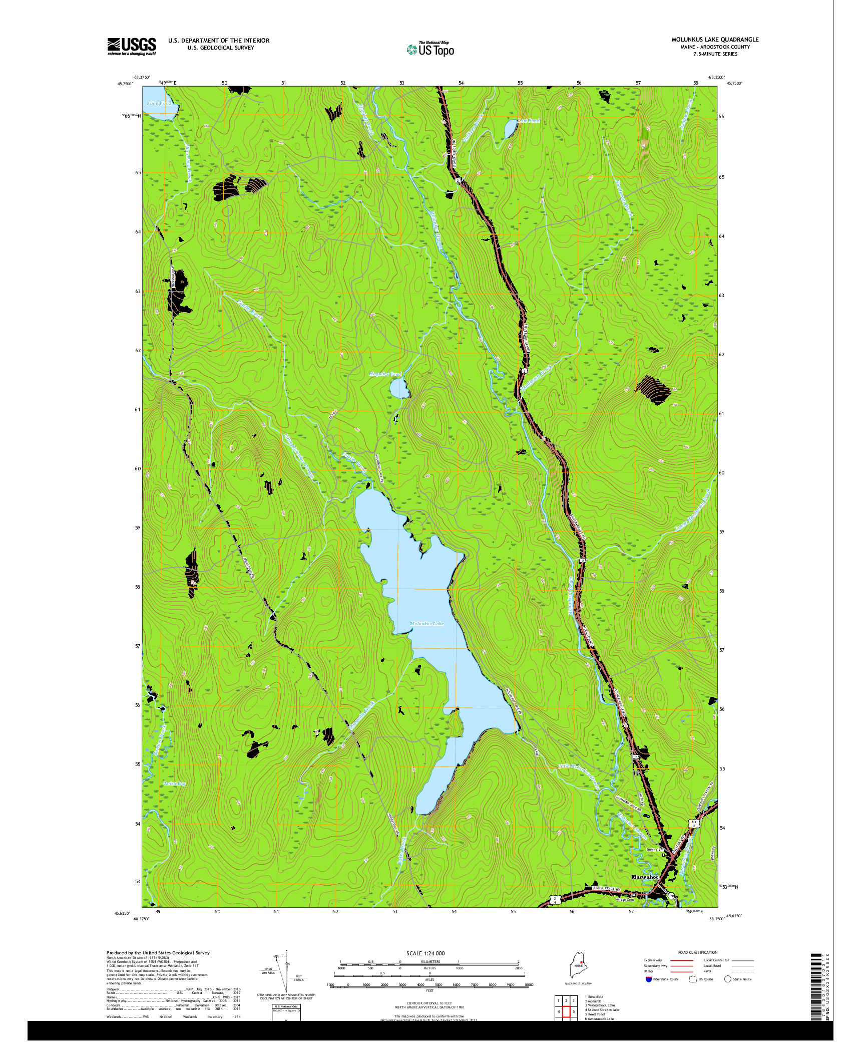 USGS US TOPO 7.5-MINUTE MAP FOR MOLUNKUS LAKE, ME 2018