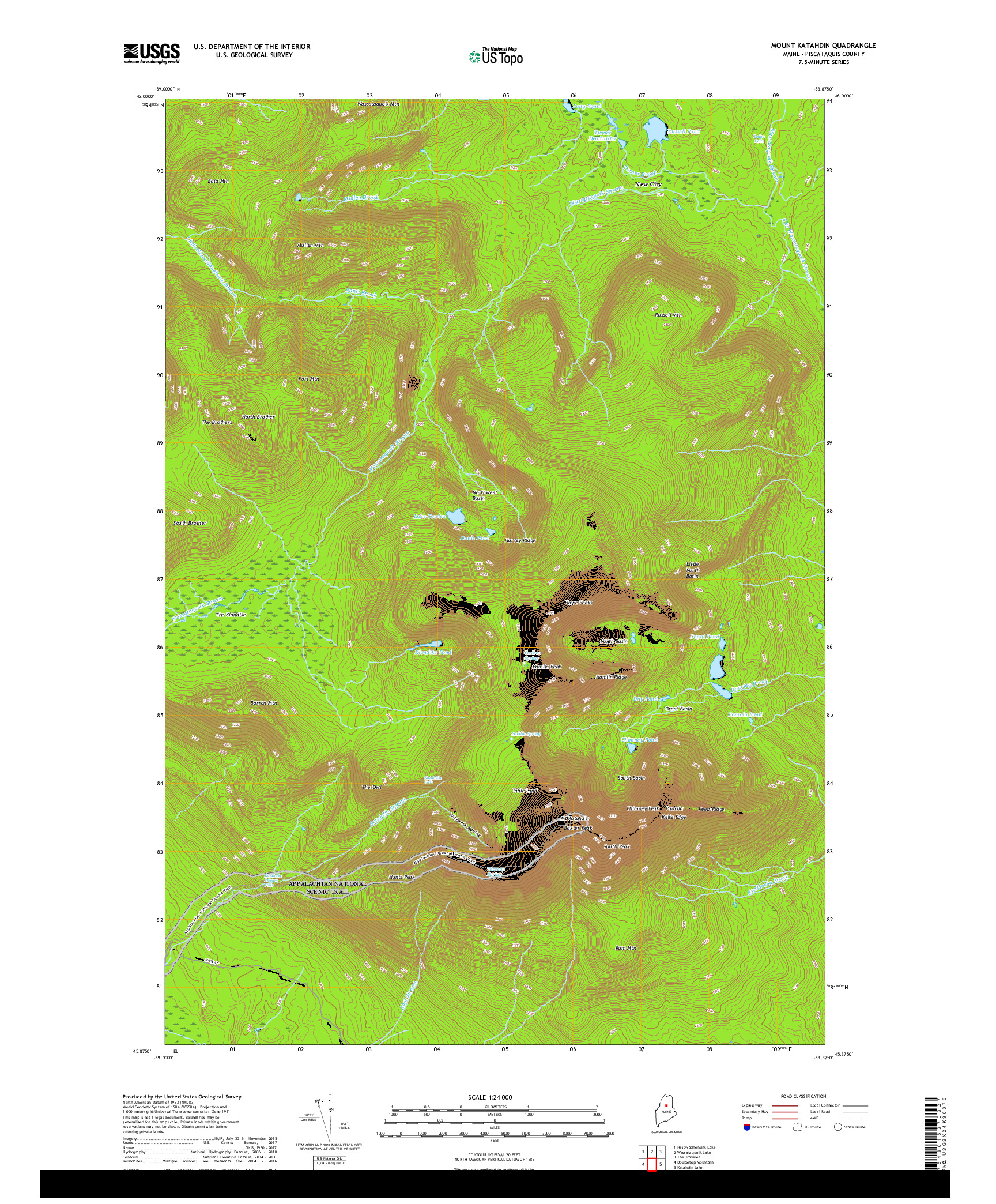 USGS US TOPO 7.5-MINUTE MAP FOR MOUNT KATAHDIN, ME 2018