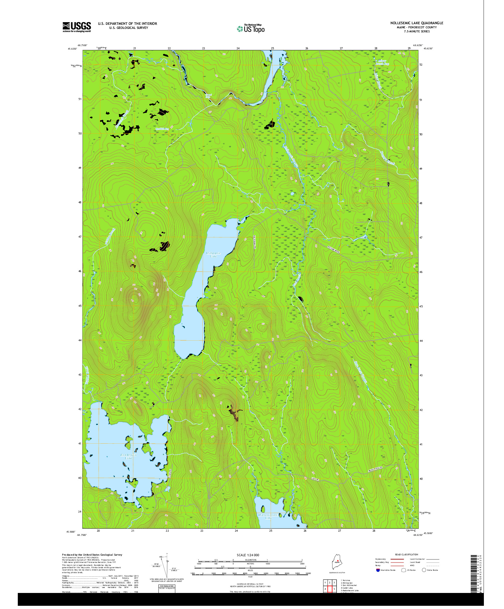 USGS US TOPO 7.5-MINUTE MAP FOR NOLLESEMIC LAKE, ME 2018