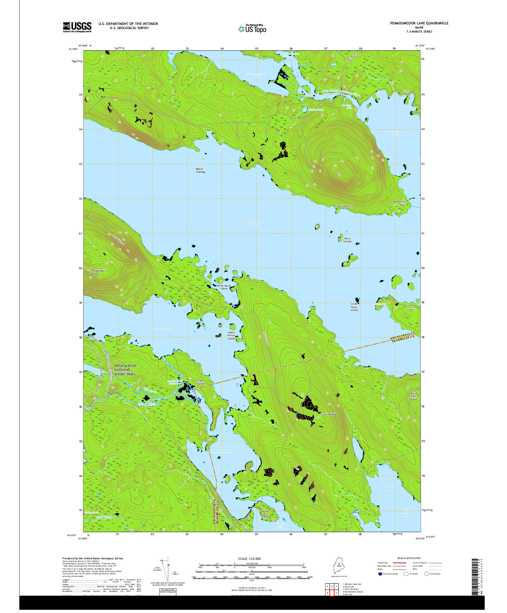 USGS US TOPO 7.5-MINUTE MAP FOR PEMADUMCOOK LAKE, ME 2018