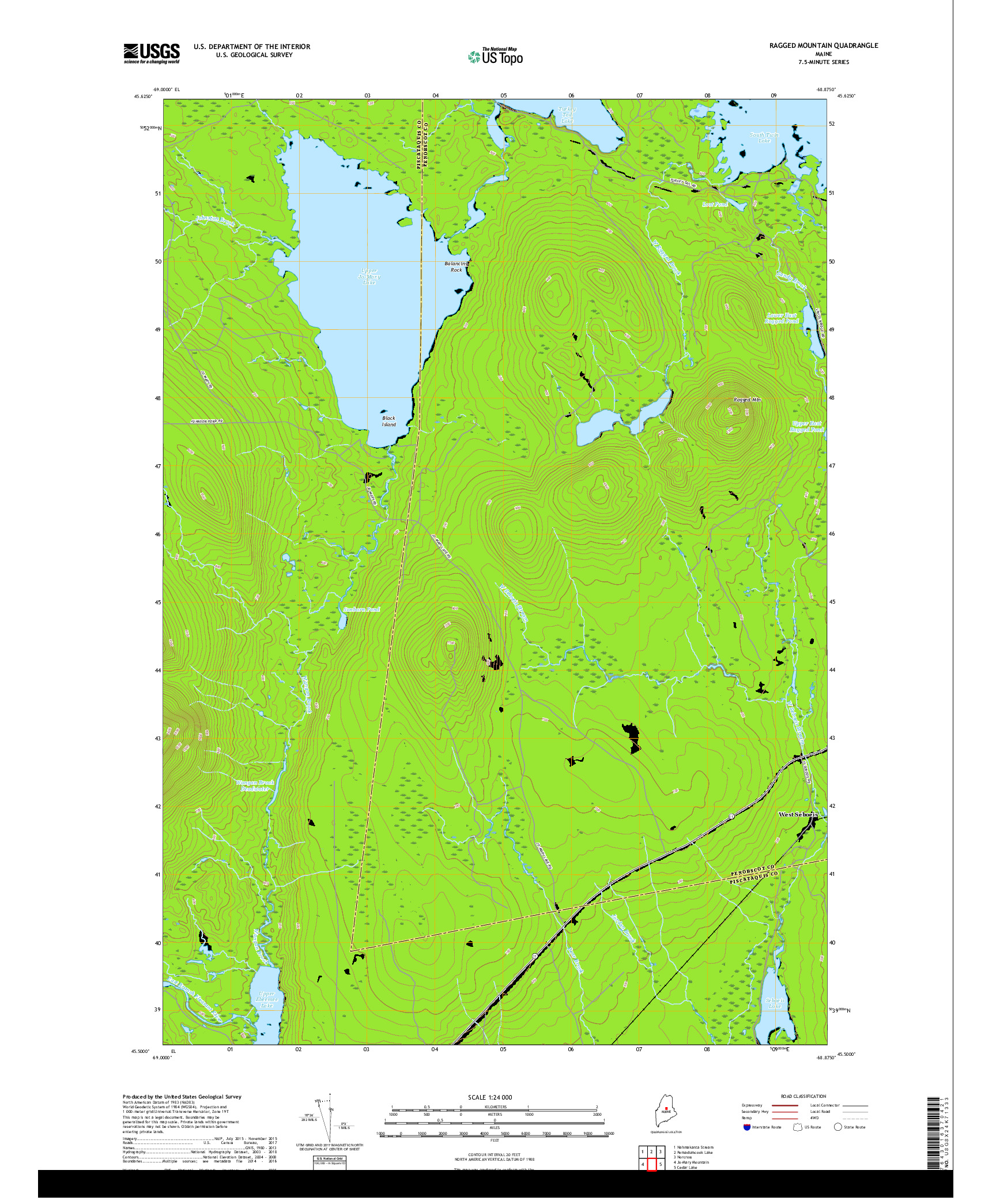 USGS US TOPO 7.5-MINUTE MAP FOR RAGGED MOUNTAIN, ME 2018