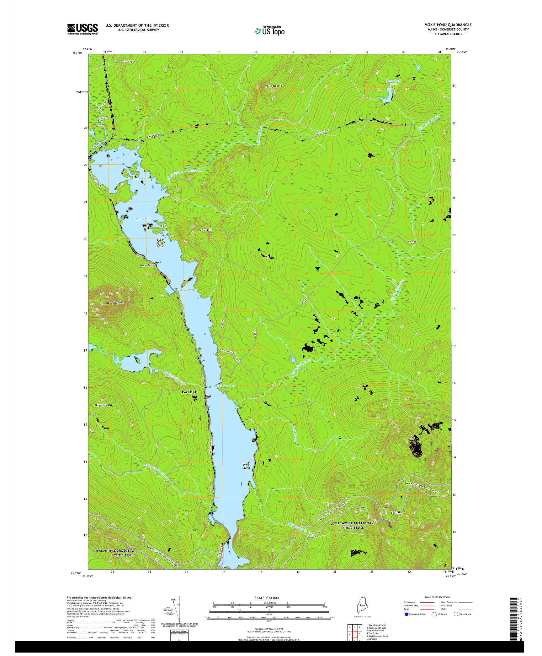 USGS US TOPO 7.5-MINUTE MAP FOR MOXIE POND, ME 2018