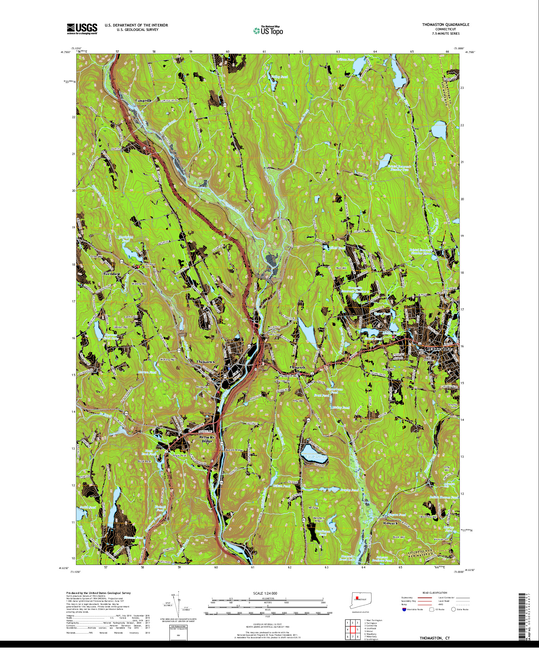 USGS US TOPO 7.5-MINUTE MAP FOR THOMASTON, CT 2018