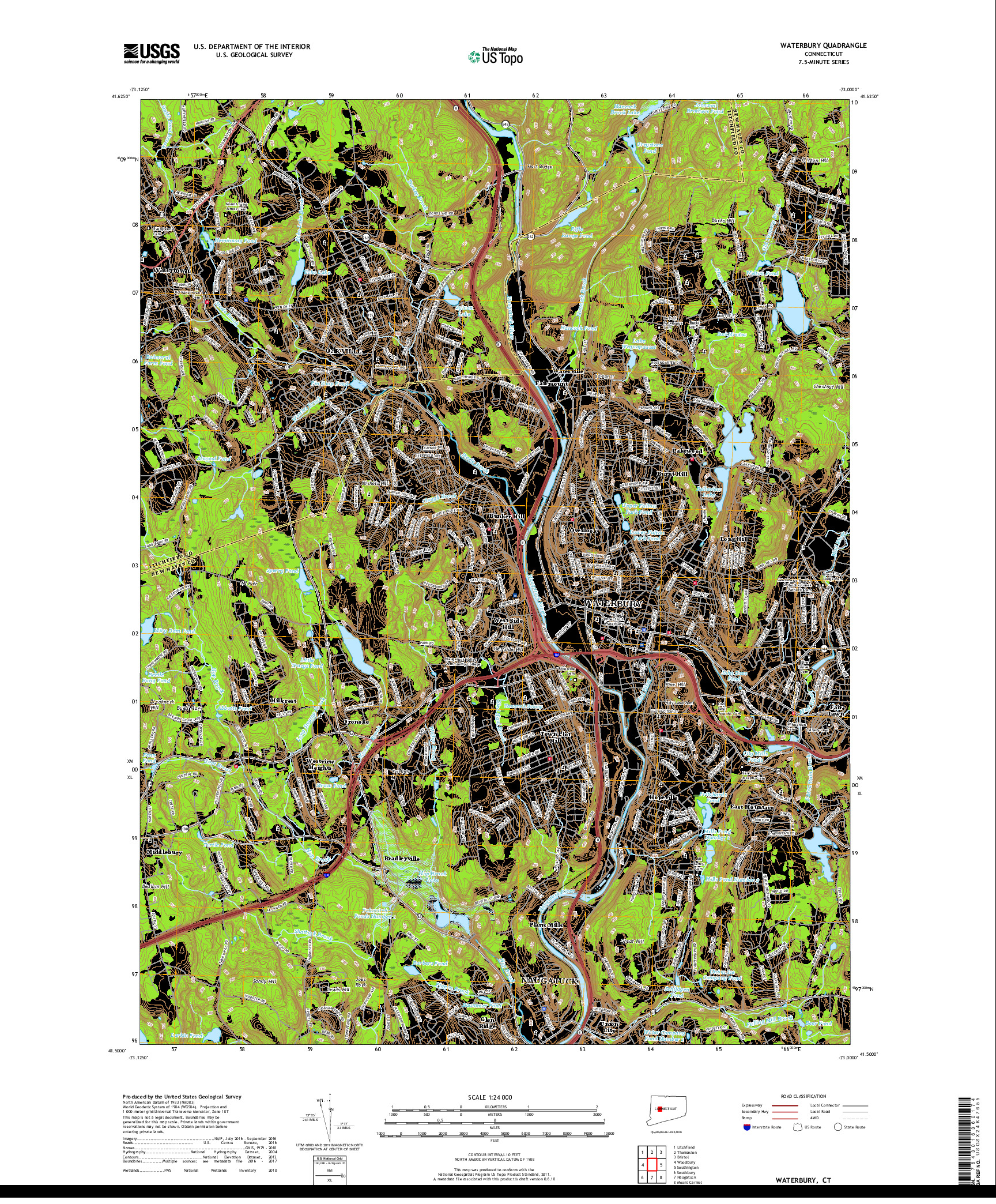 USGS US TOPO 7.5-MINUTE MAP FOR WATERBURY, CT 2018