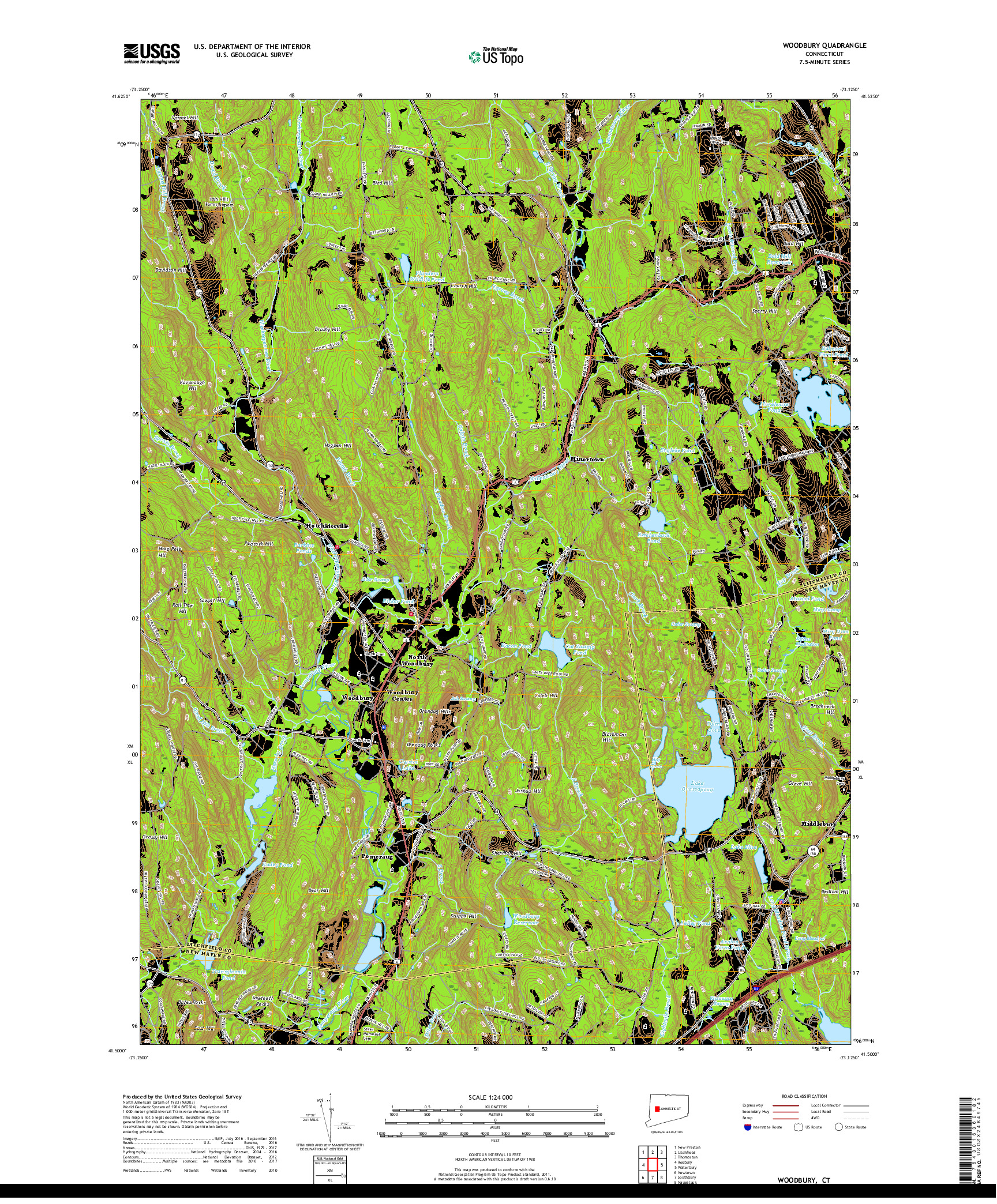 USGS US TOPO 7.5-MINUTE MAP FOR WOODBURY, CT 2018
