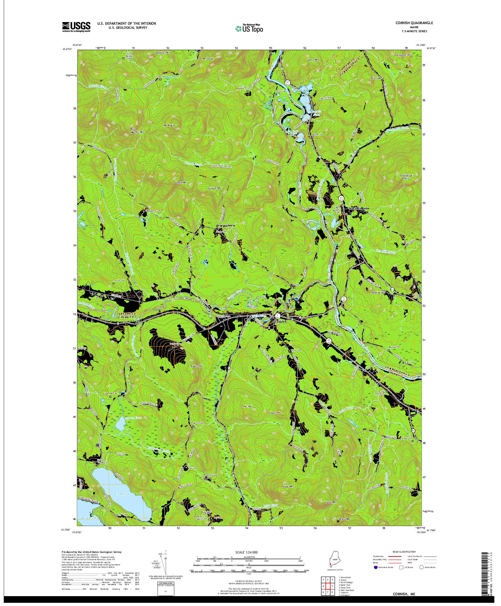 USGS US TOPO 7.5-MINUTE MAP FOR CORNISH, ME 2018