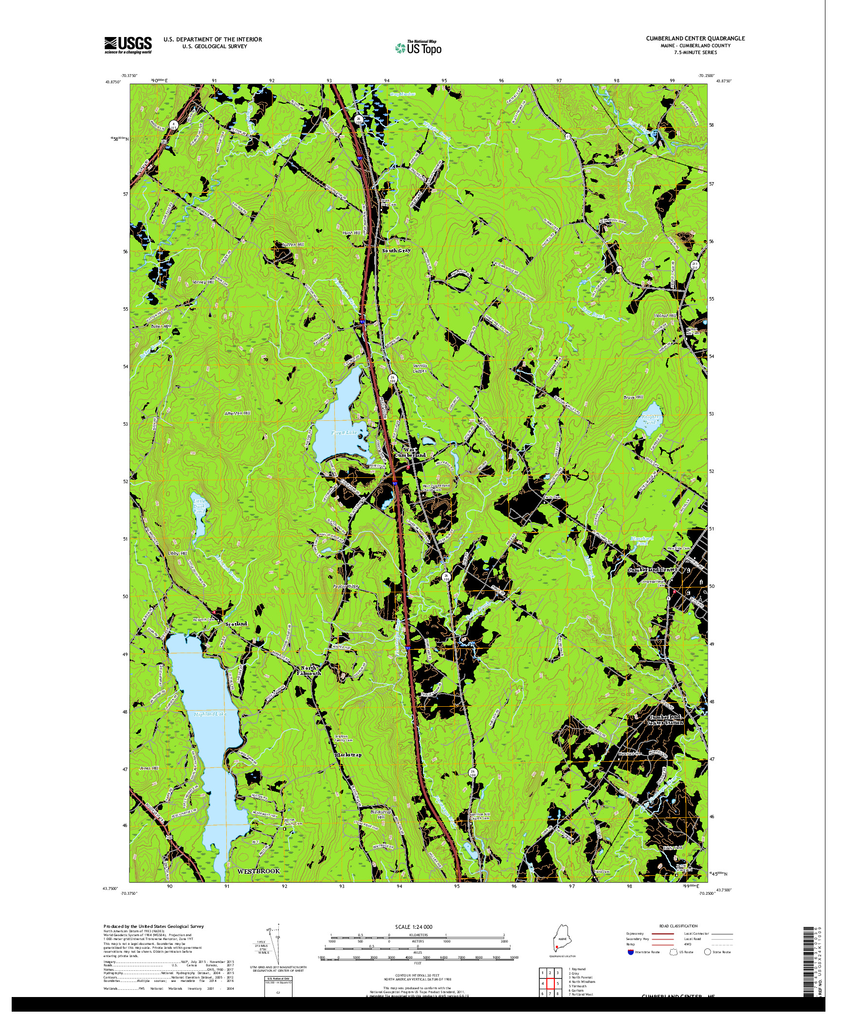 USGS US TOPO 7.5-MINUTE MAP FOR CUMBERLAND CENTER, ME 2018