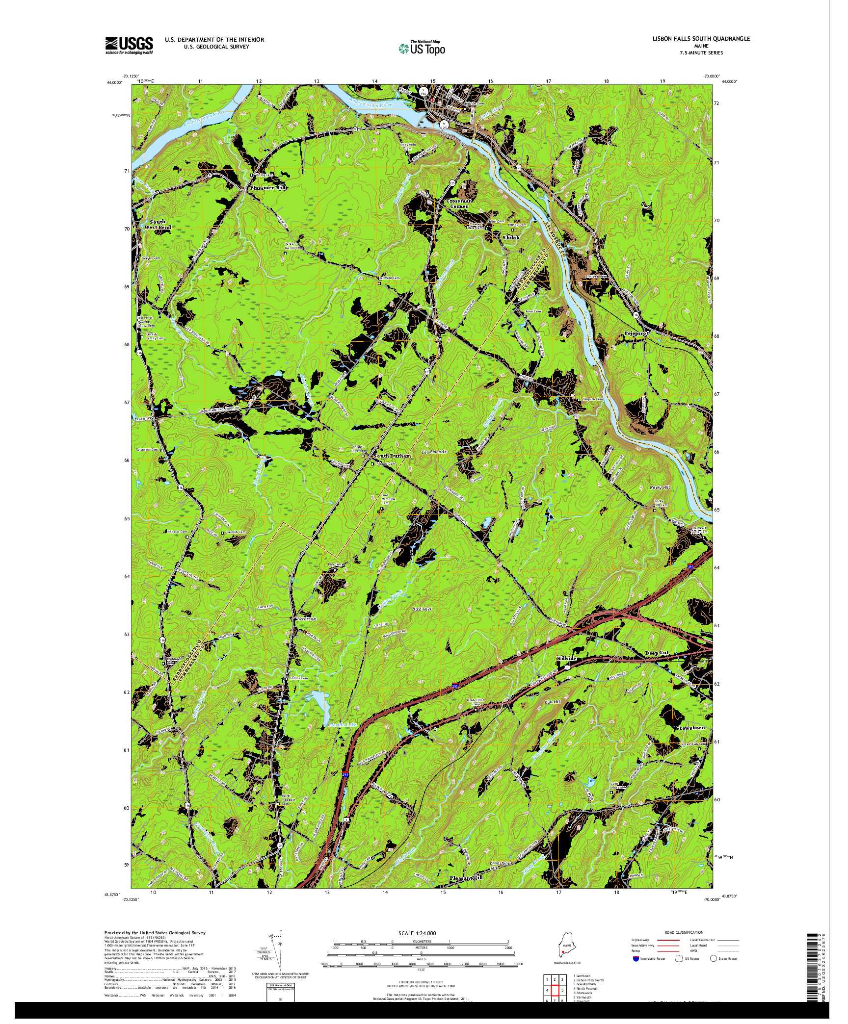 USGS US TOPO 7.5-MINUTE MAP FOR LISBON FALLS SOUTH, ME 2018