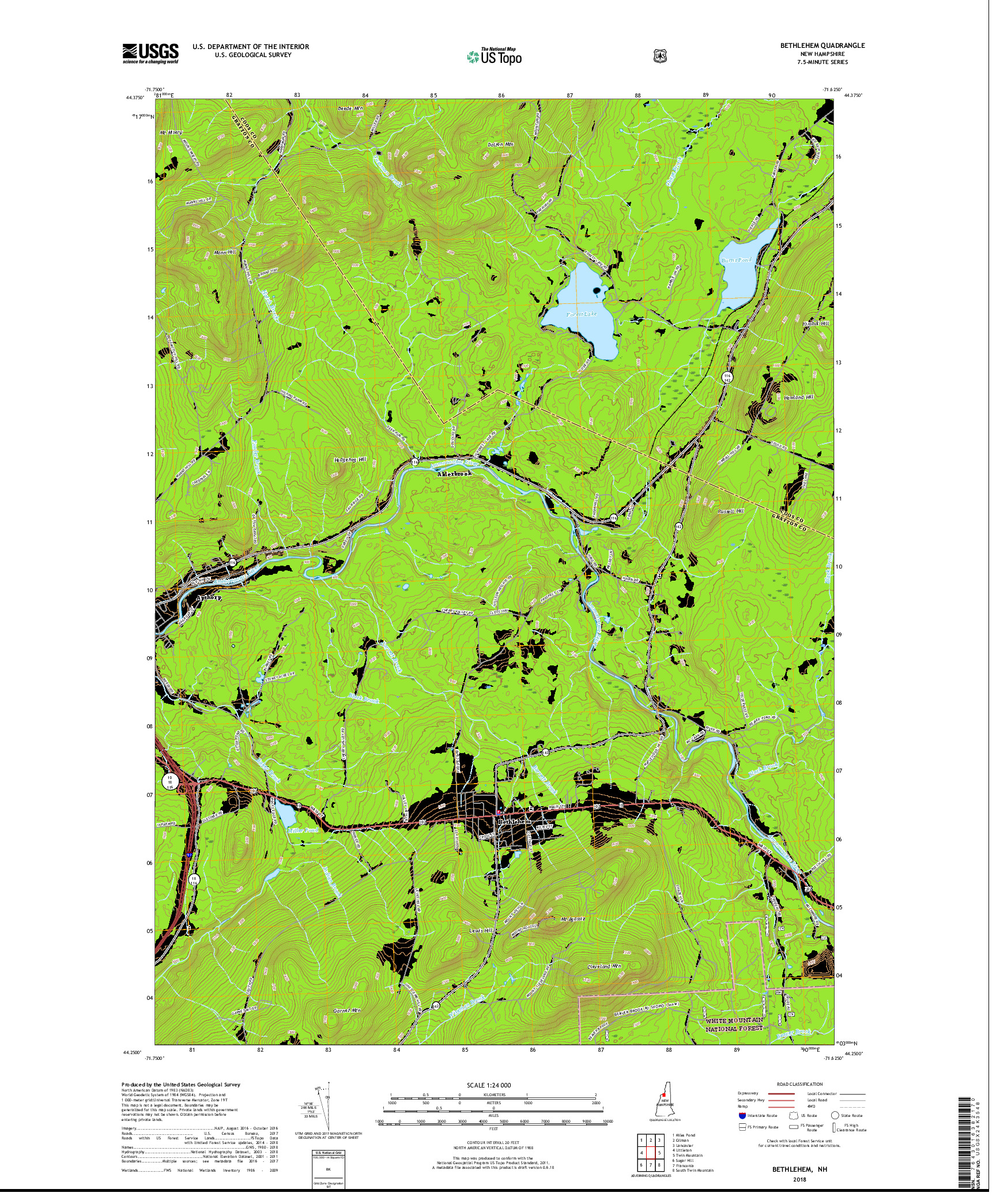 USGS US TOPO 7.5-MINUTE MAP FOR BETHLEHEM, NH 2018