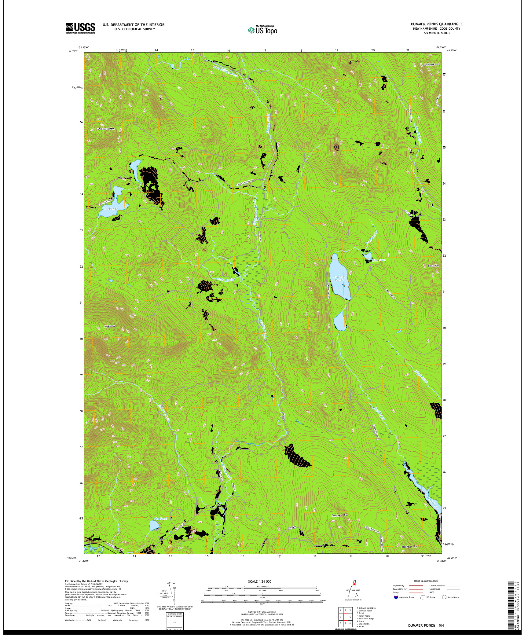 USGS US TOPO 7.5-MINUTE MAP FOR DUMMER PONDS, NH 2018
