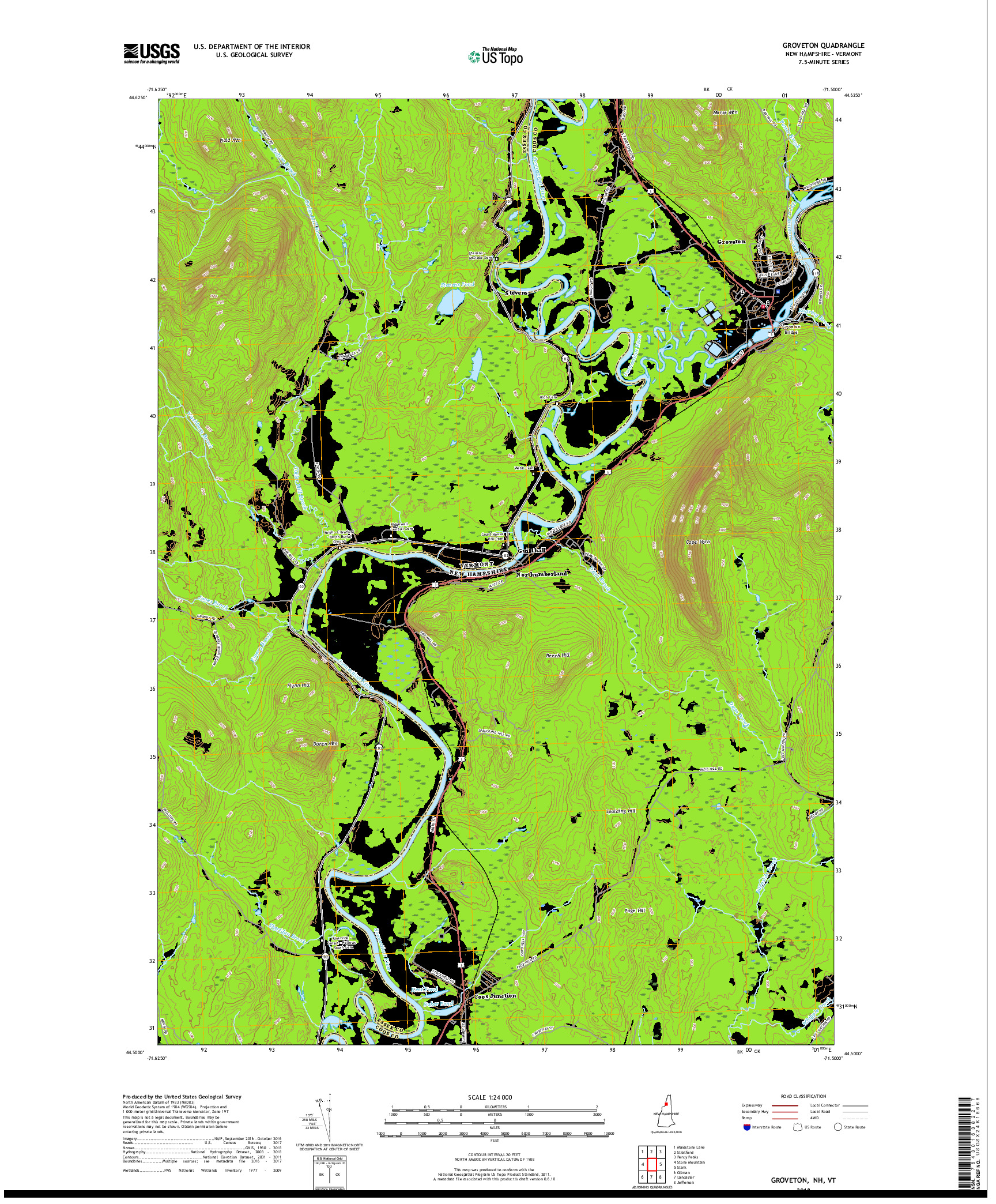 USGS US TOPO 7.5-MINUTE MAP FOR GROVETON, NH,VT 2018