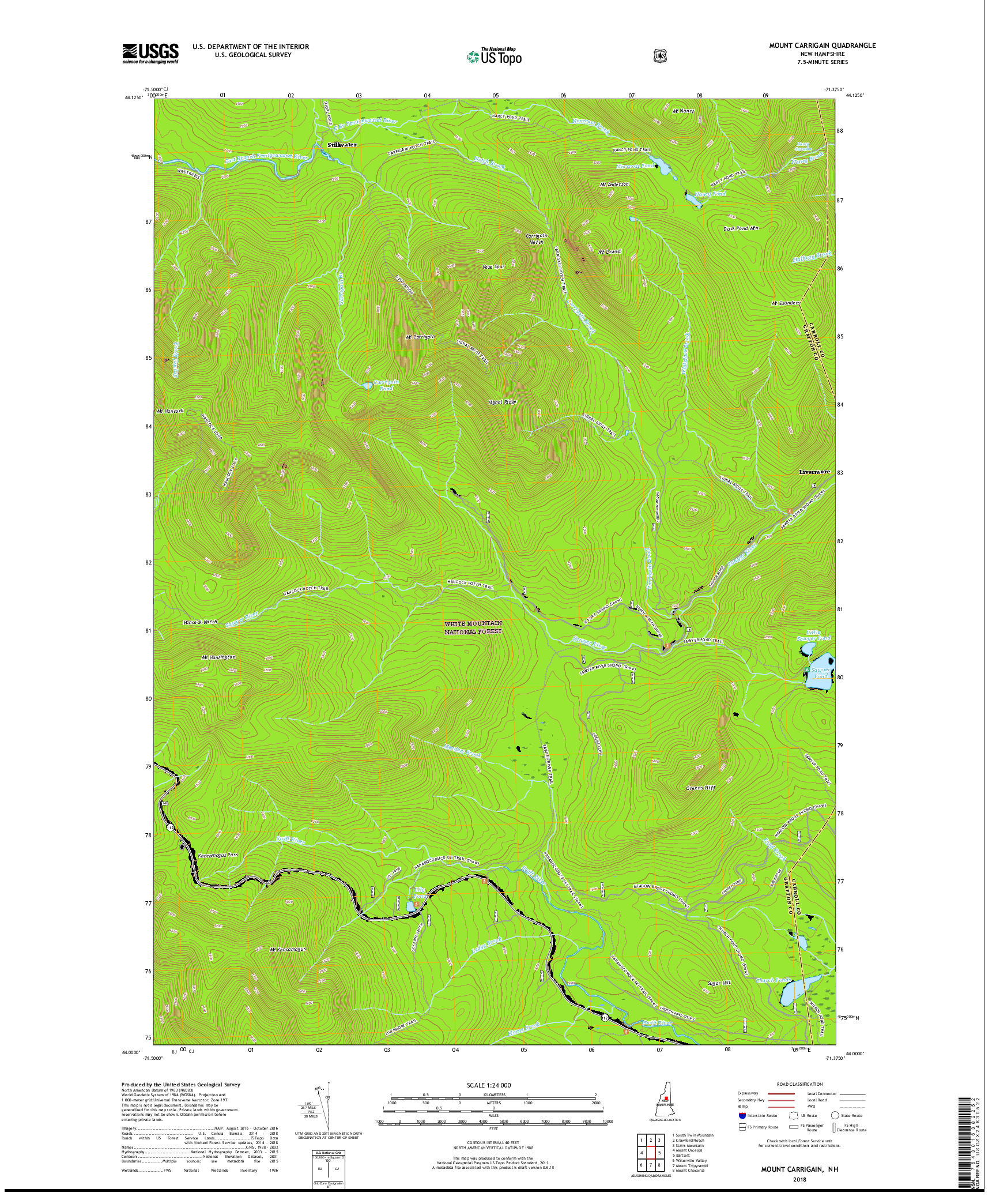 USGS US TOPO 7.5-MINUTE MAP FOR MOUNT CARRIGAIN, NH 2018
