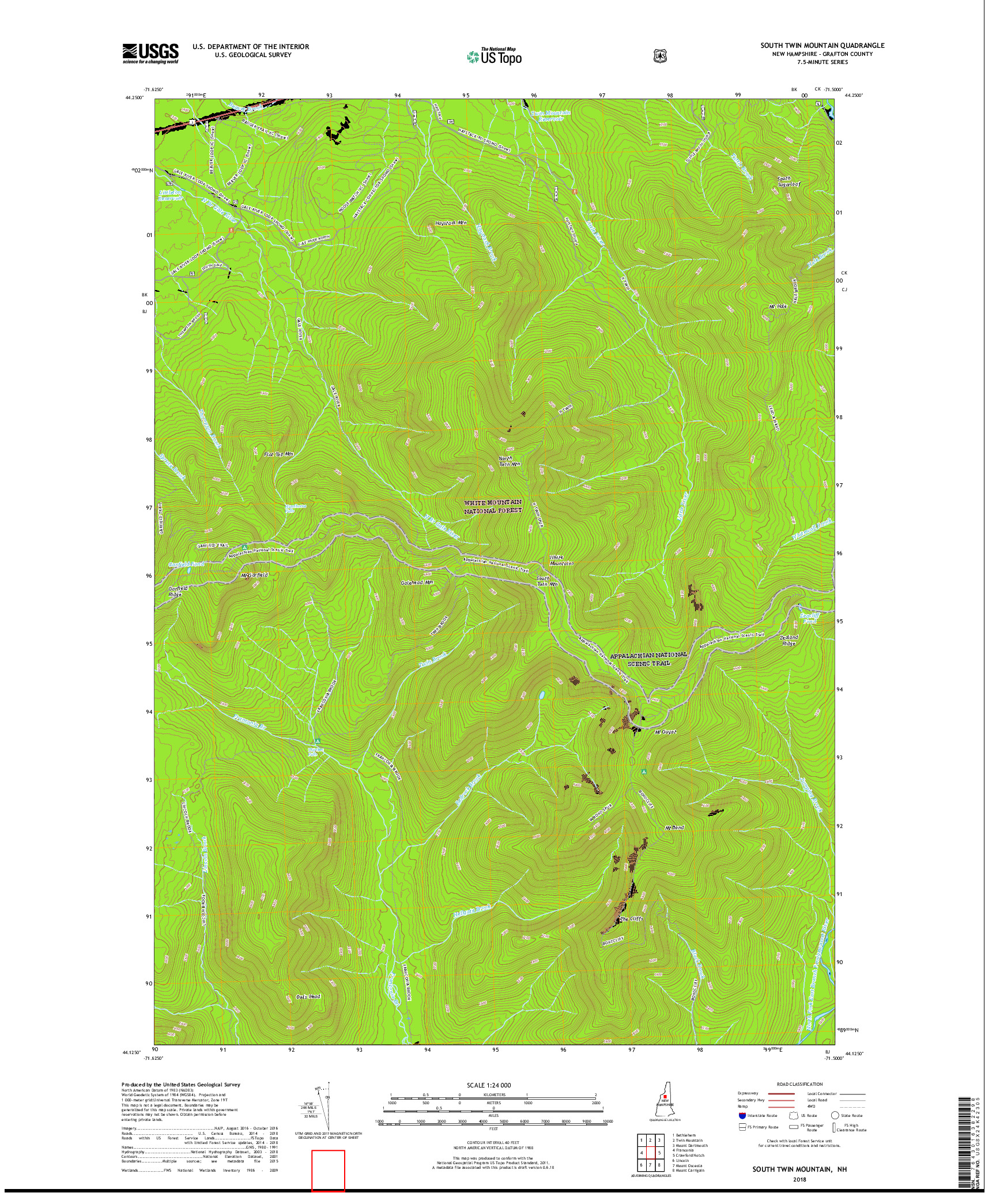 USGS US TOPO 7.5-MINUTE MAP FOR SOUTH TWIN MOUNTAIN, NH 2018