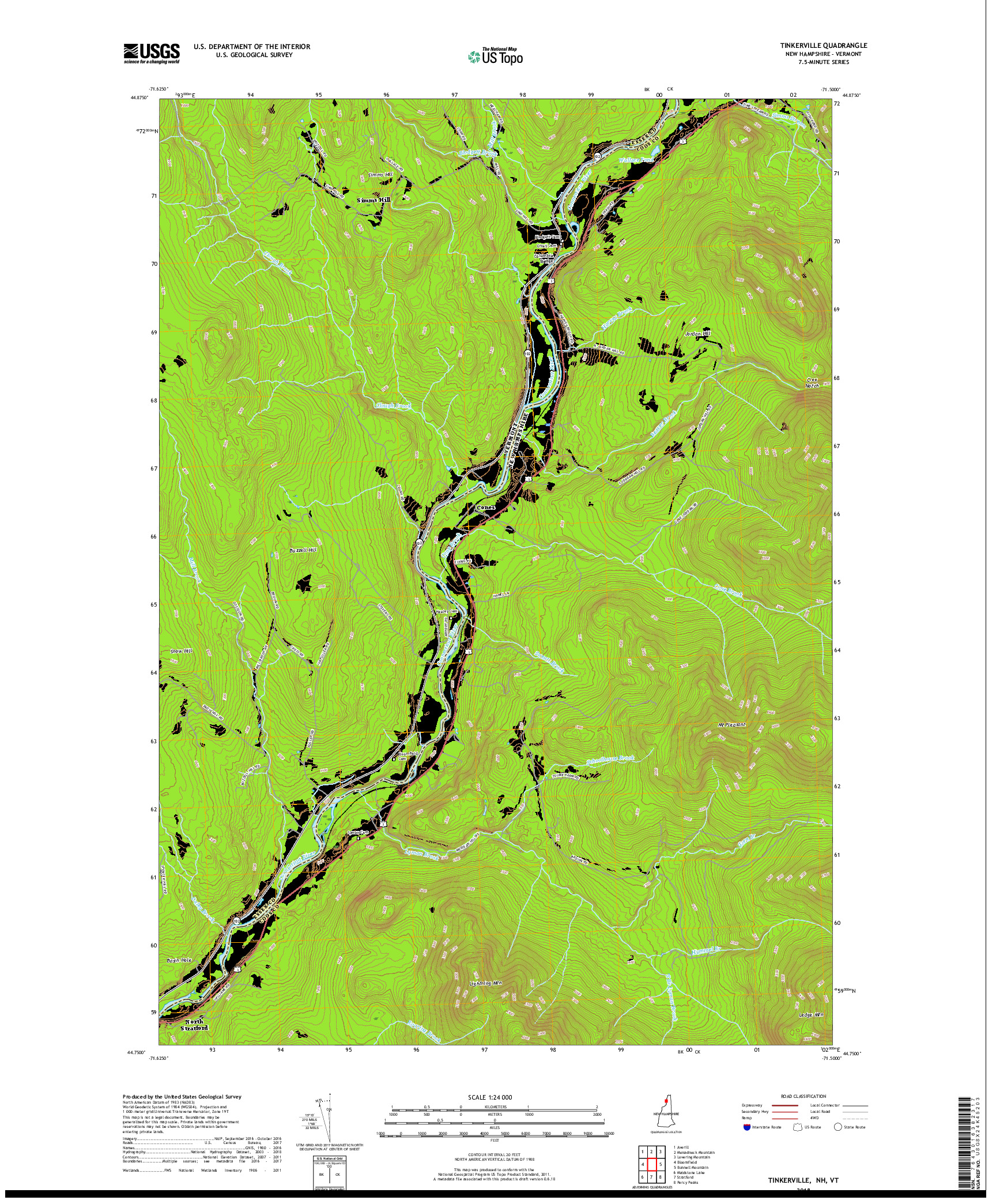 USGS US TOPO 7.5-MINUTE MAP FOR TINKERVILLE, NH,VT 2018