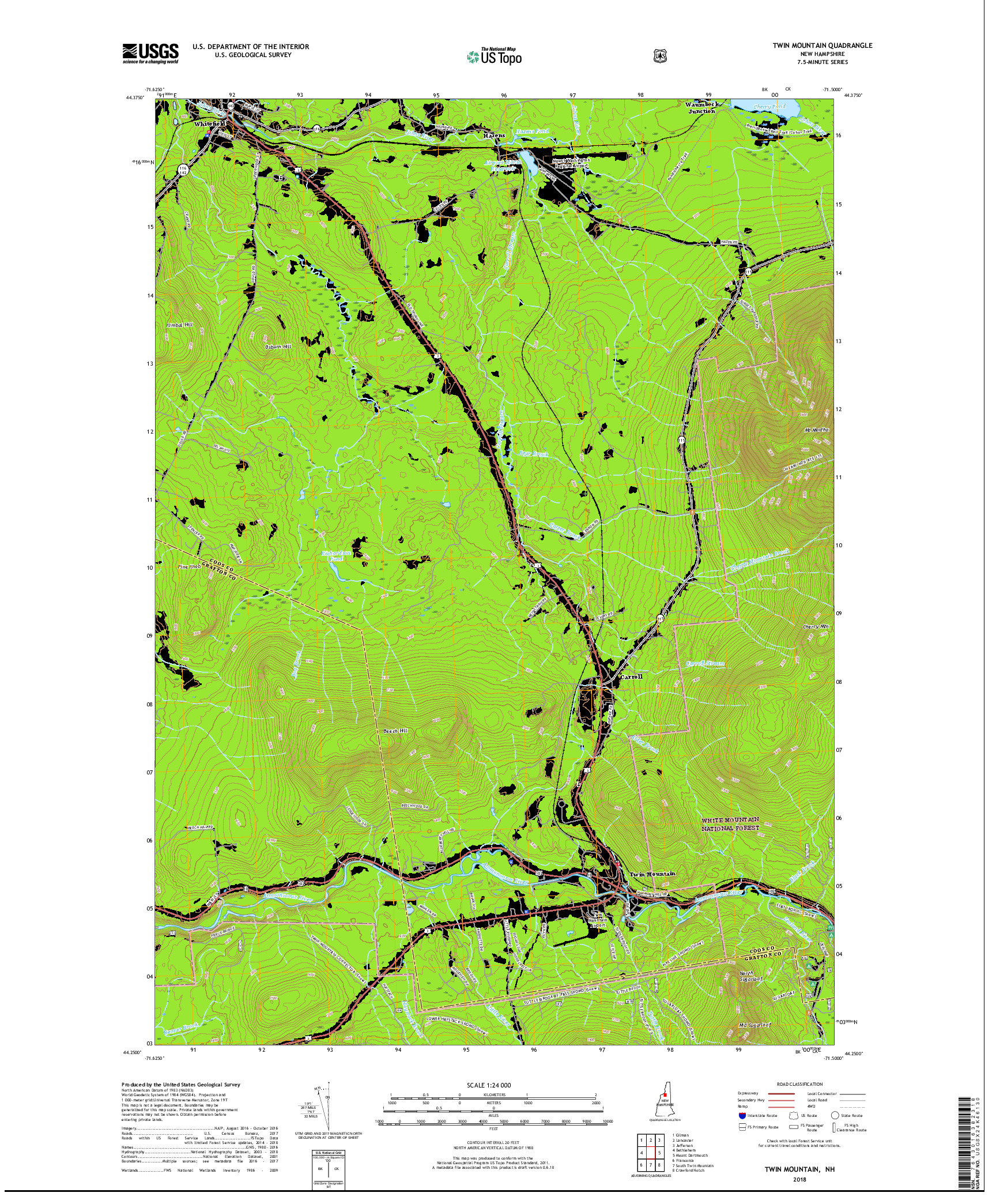 USGS US TOPO 7.5-MINUTE MAP FOR TWIN MOUNTAIN, NH 2018