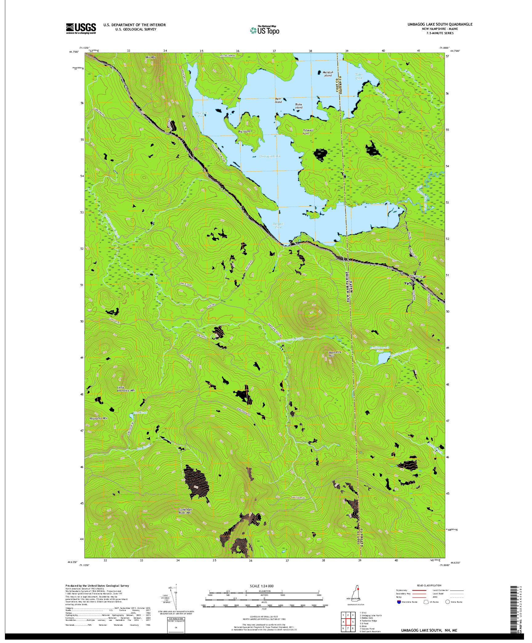 USGS US TOPO 7.5-MINUTE MAP FOR UMBAGOG LAKE SOUTH, NH,ME 2018