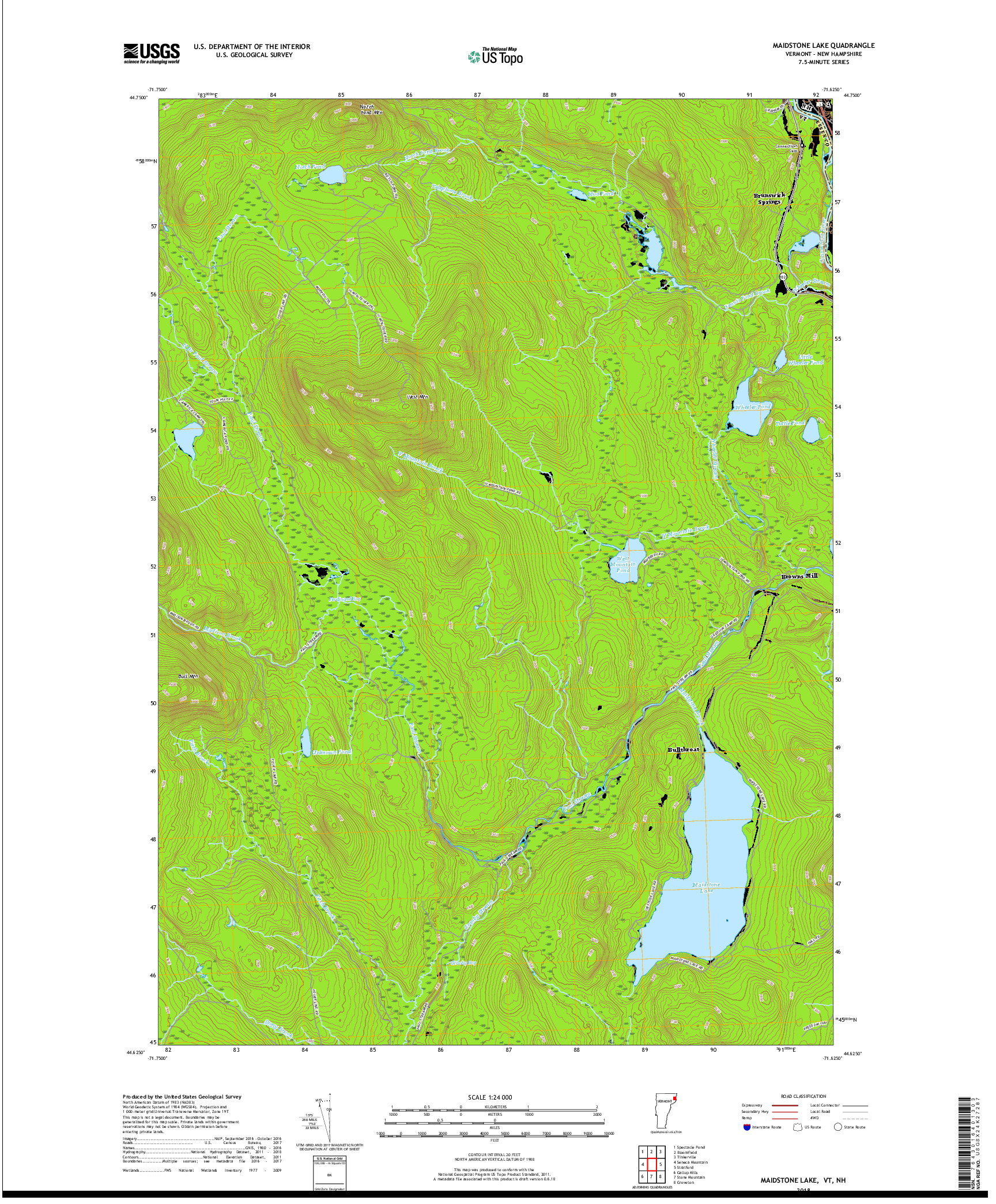 USGS US TOPO 7.5-MINUTE MAP FOR MAIDSTONE LAKE, VT,NH 2018