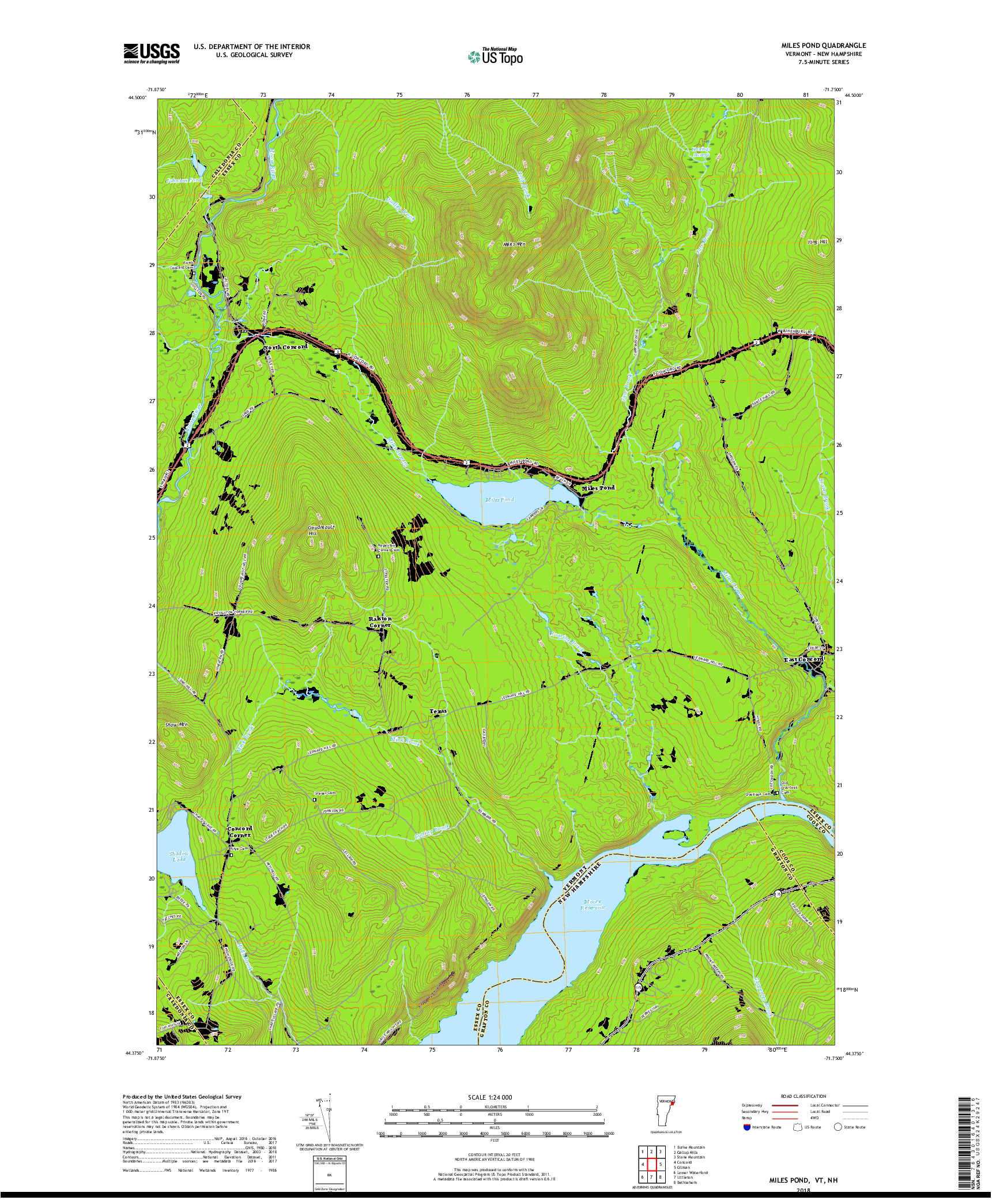 USGS US TOPO 7.5-MINUTE MAP FOR MILES POND, VT,NH 2018