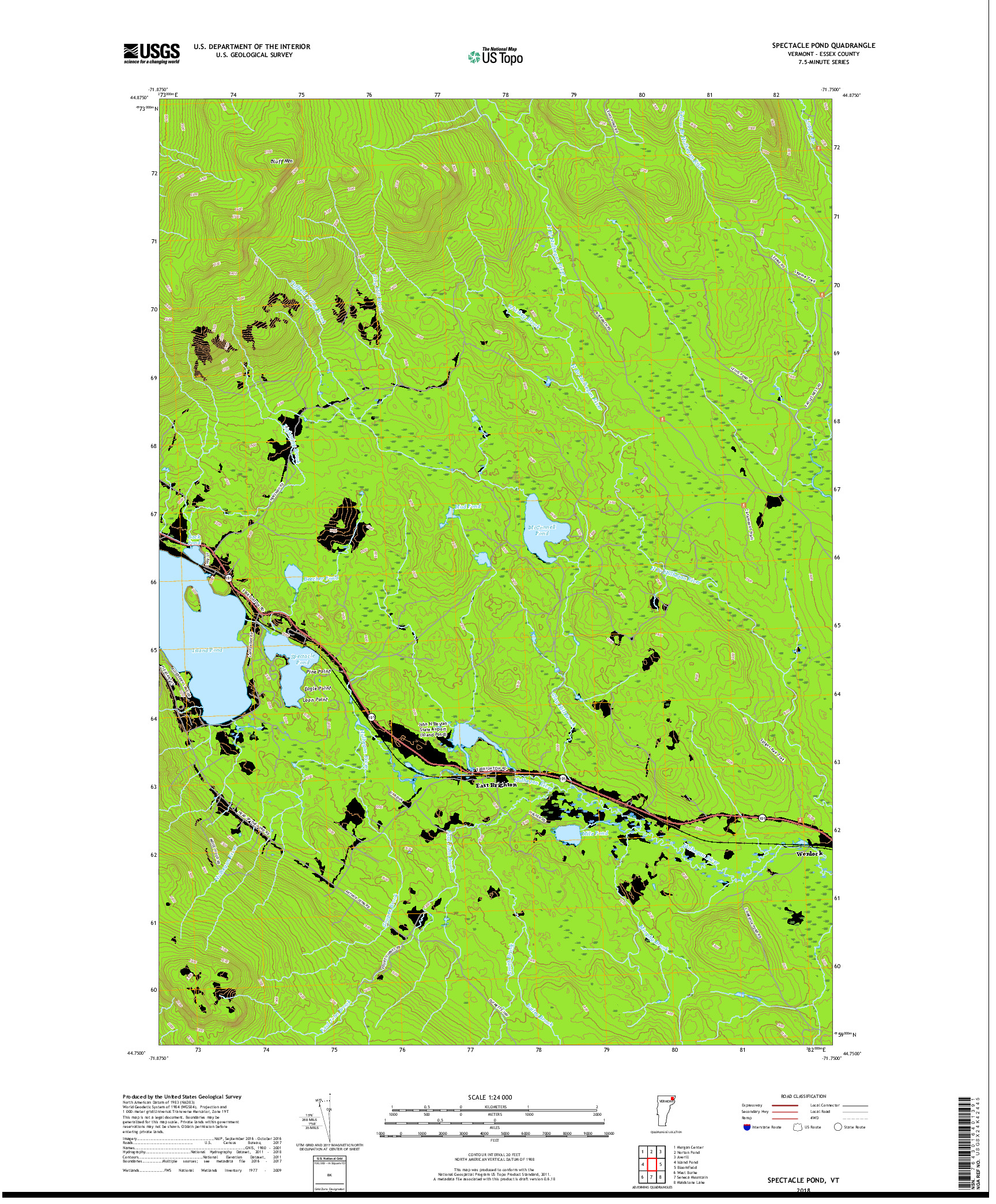 USGS US TOPO 7.5-MINUTE MAP FOR SPECTACLE POND, VT 2018
