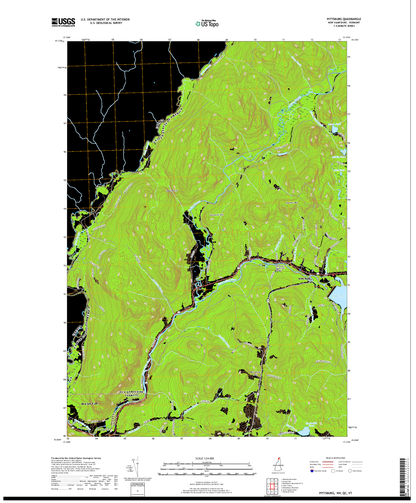 USGS US TOPO 7.5-MINUTE MAP FOR PITTSBURG, NH,QC,VT 2018