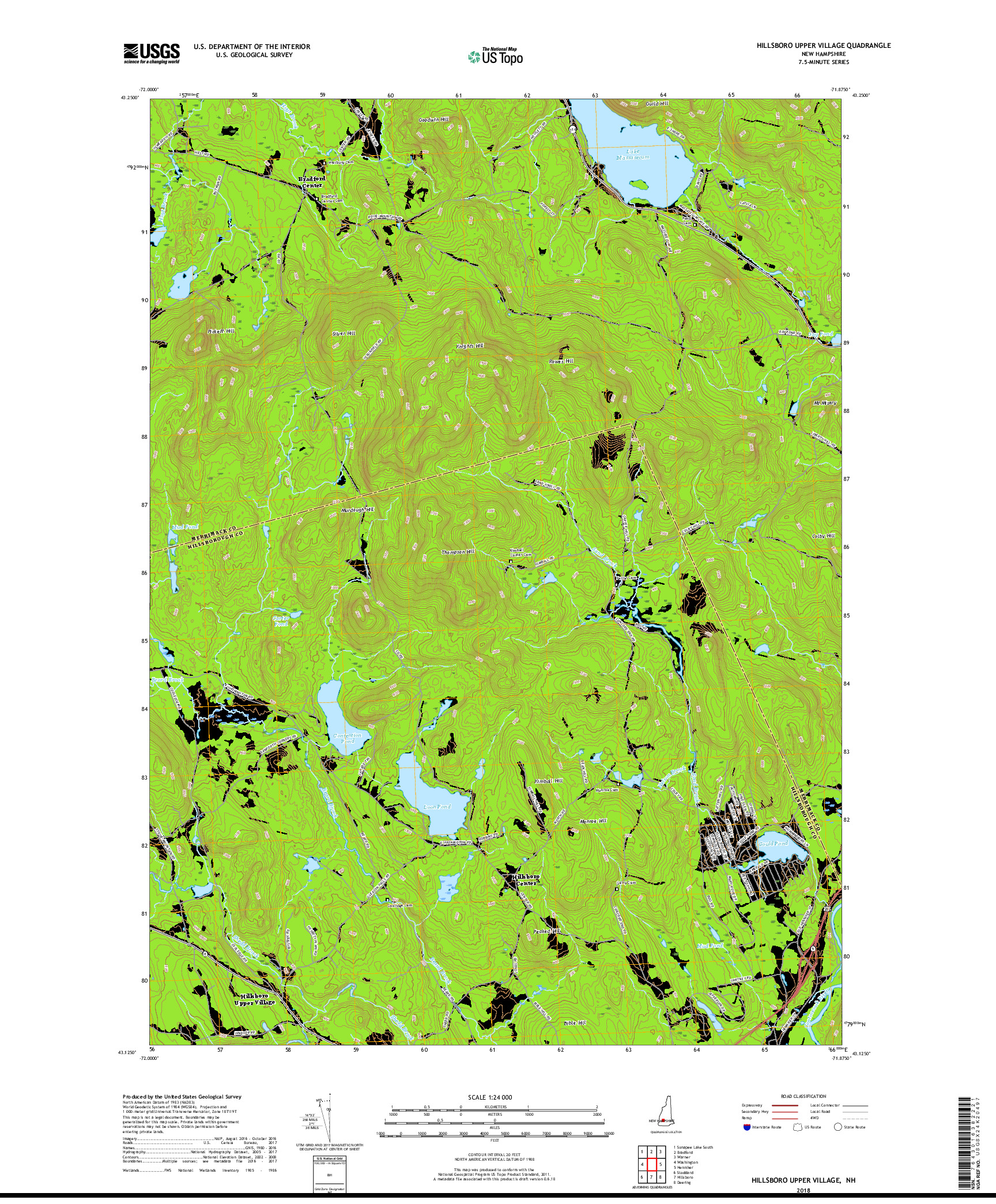 USGS US TOPO 7.5-MINUTE MAP FOR HILLSBORO UPPER VILLAGE, NH 2018