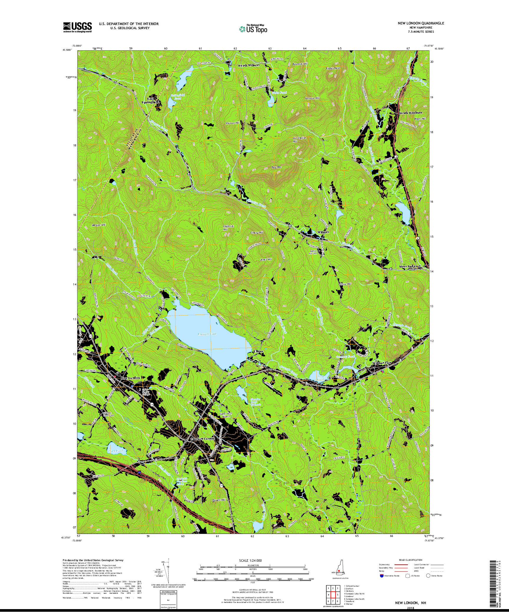 USGS US TOPO 7.5-MINUTE MAP FOR NEW LONDON, NH 2018
