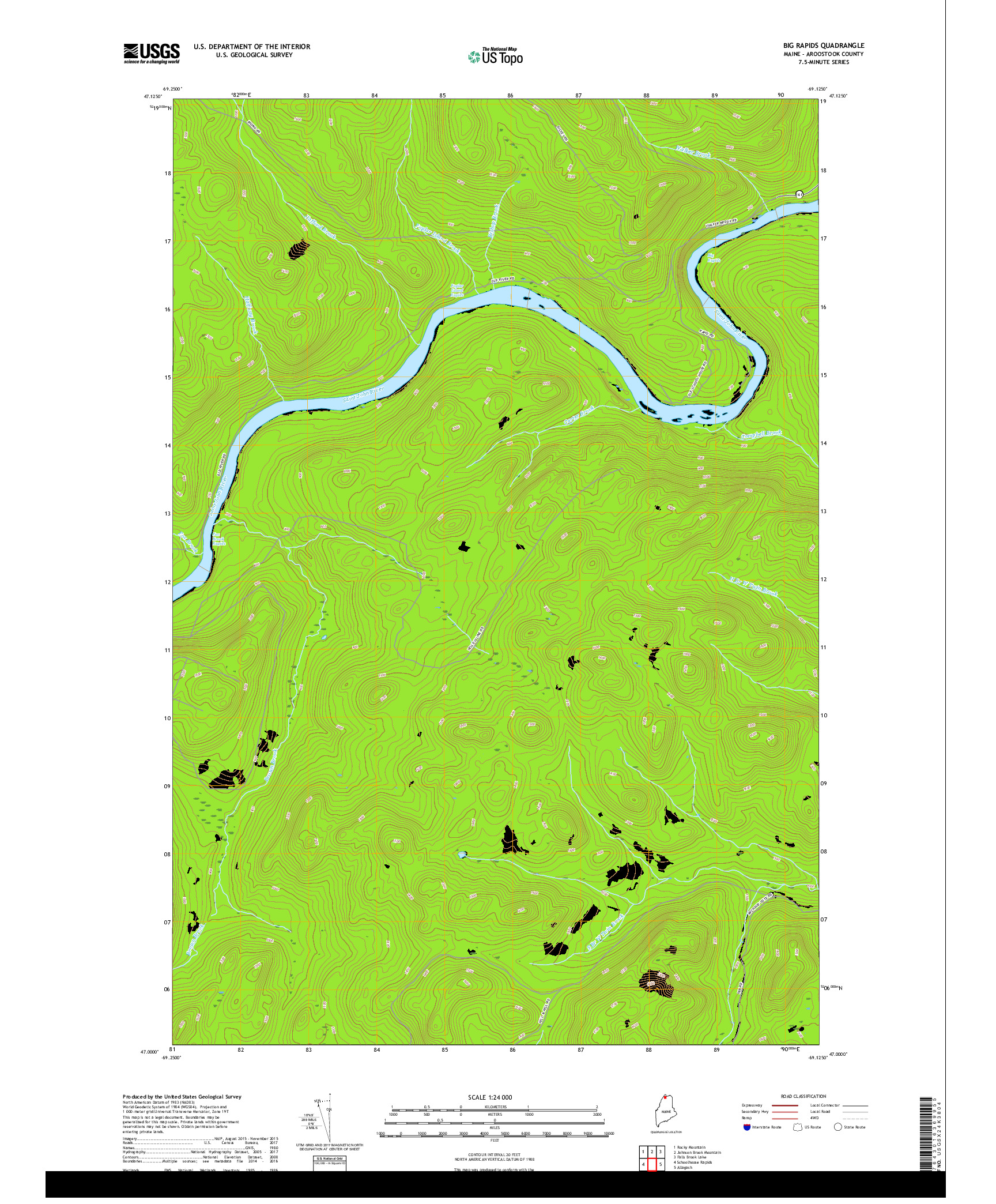 USGS US TOPO 7.5-MINUTE MAP FOR BIG RAPIDS, ME 2018