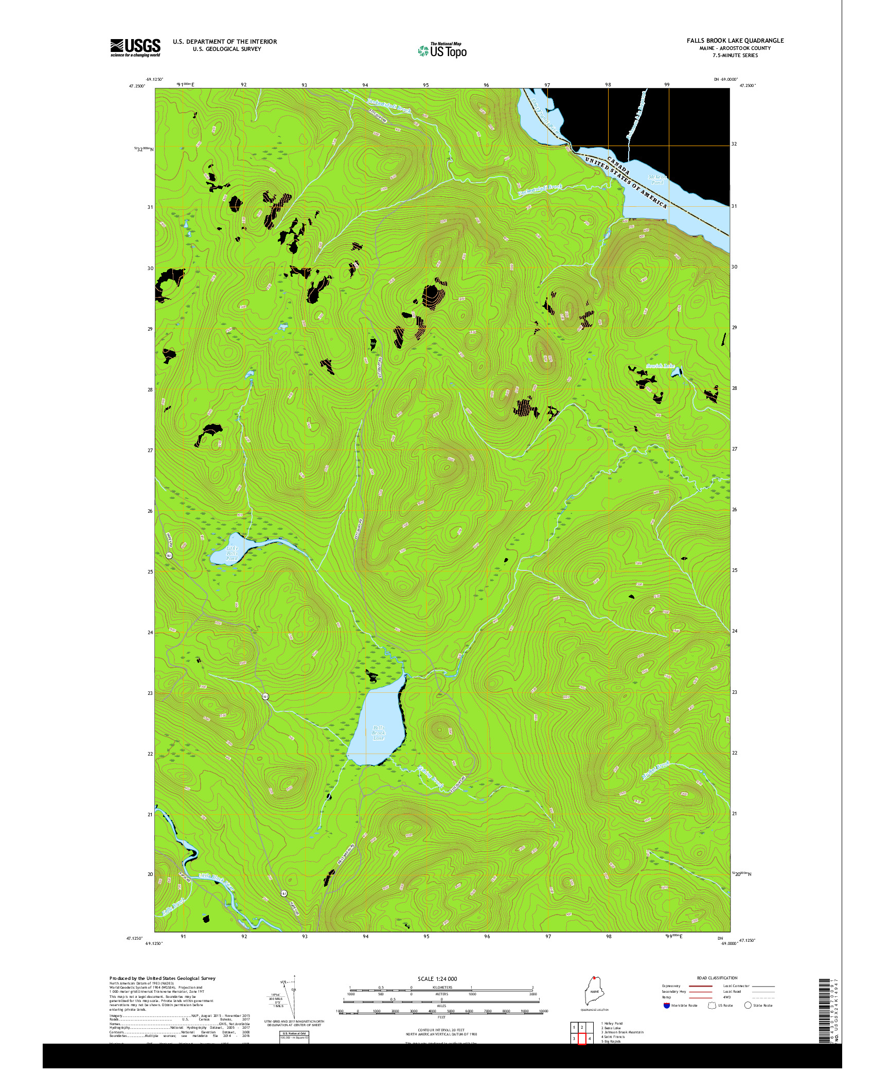 USGS US TOPO 7.5-MINUTE MAP FOR FALLS BROOK LAKE, ME,NB 2018