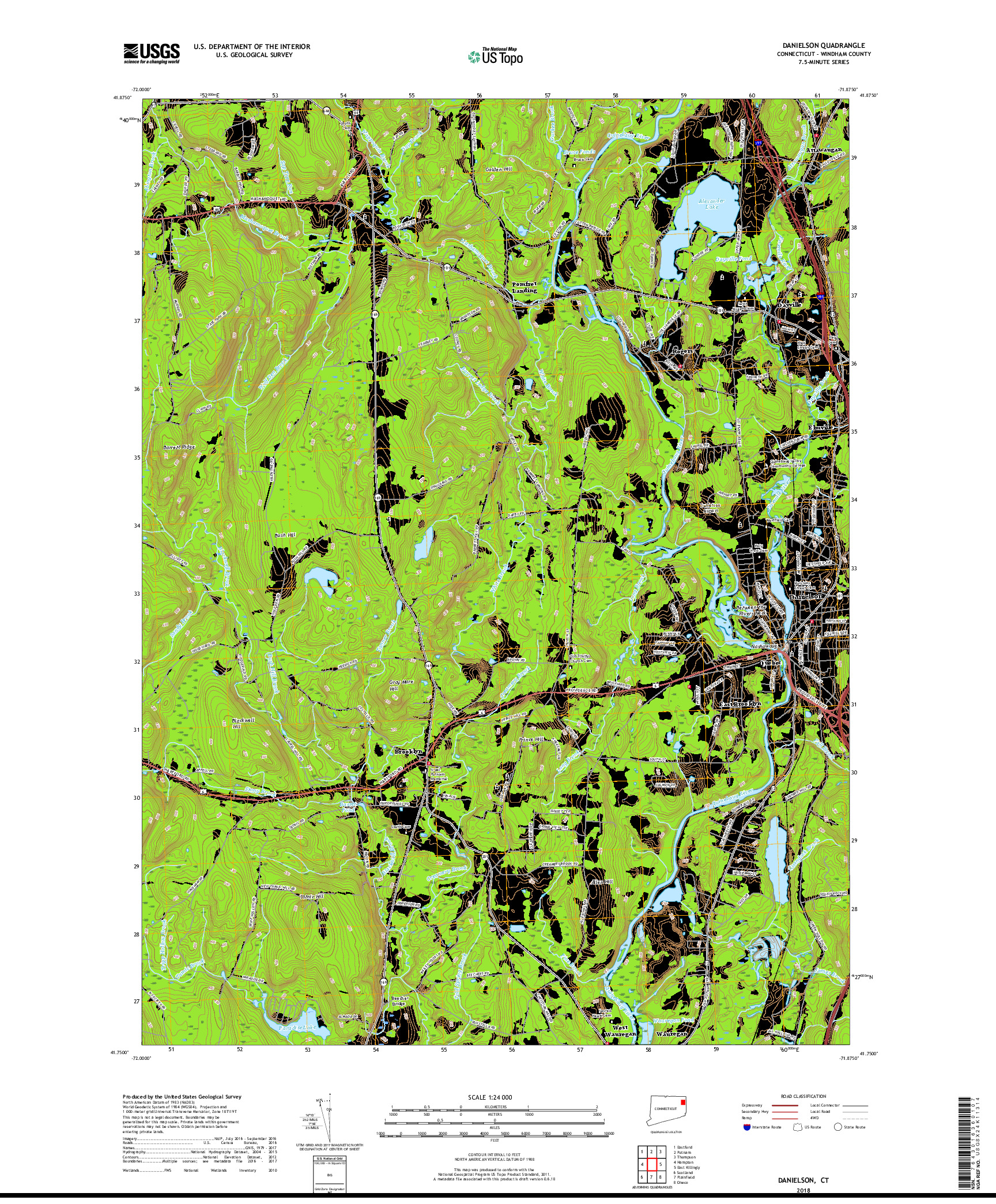 USGS US TOPO 7.5-MINUTE MAP FOR DANIELSON, CT 2018