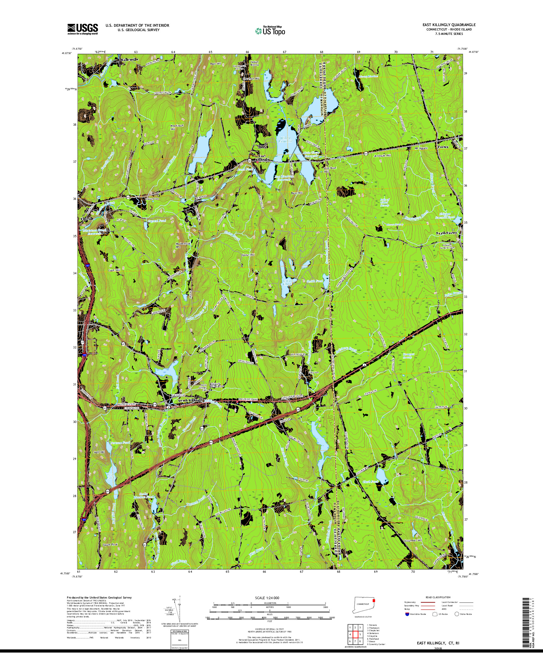 USGS US TOPO 7.5-MINUTE MAP FOR EAST KILLINGLY, CT,RI 2018