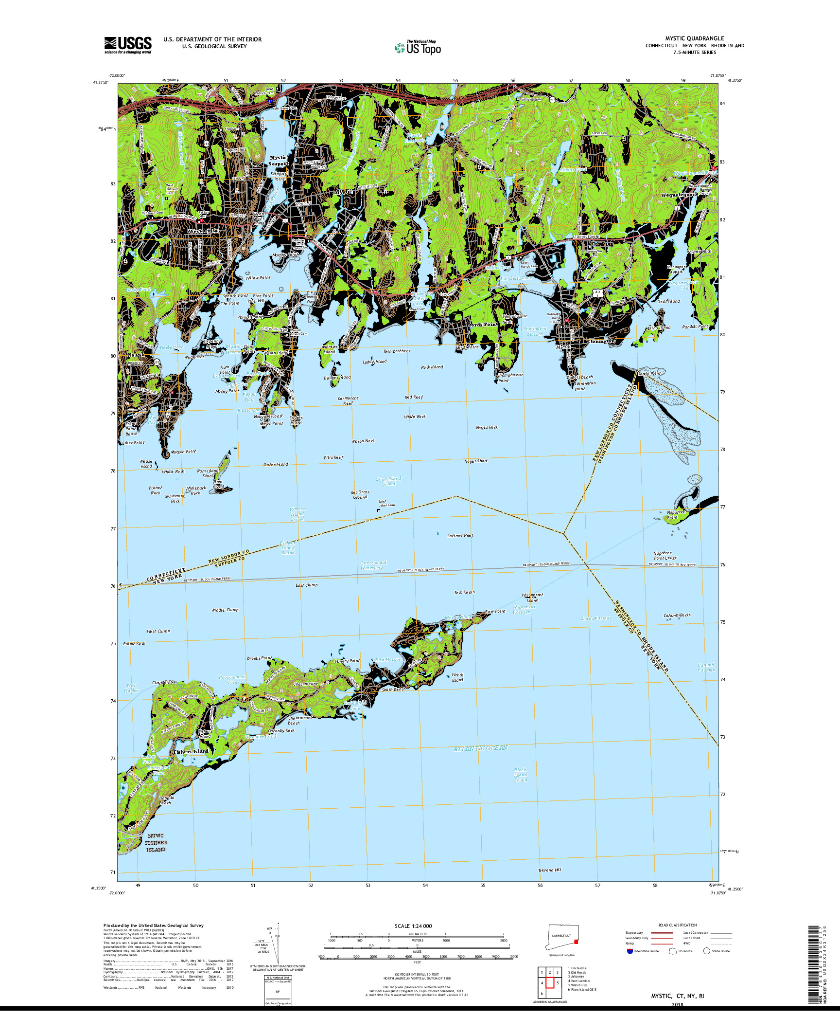 USGS US TOPO 7.5-MINUTE MAP FOR MYSTIC, CT,NY,RI 2018