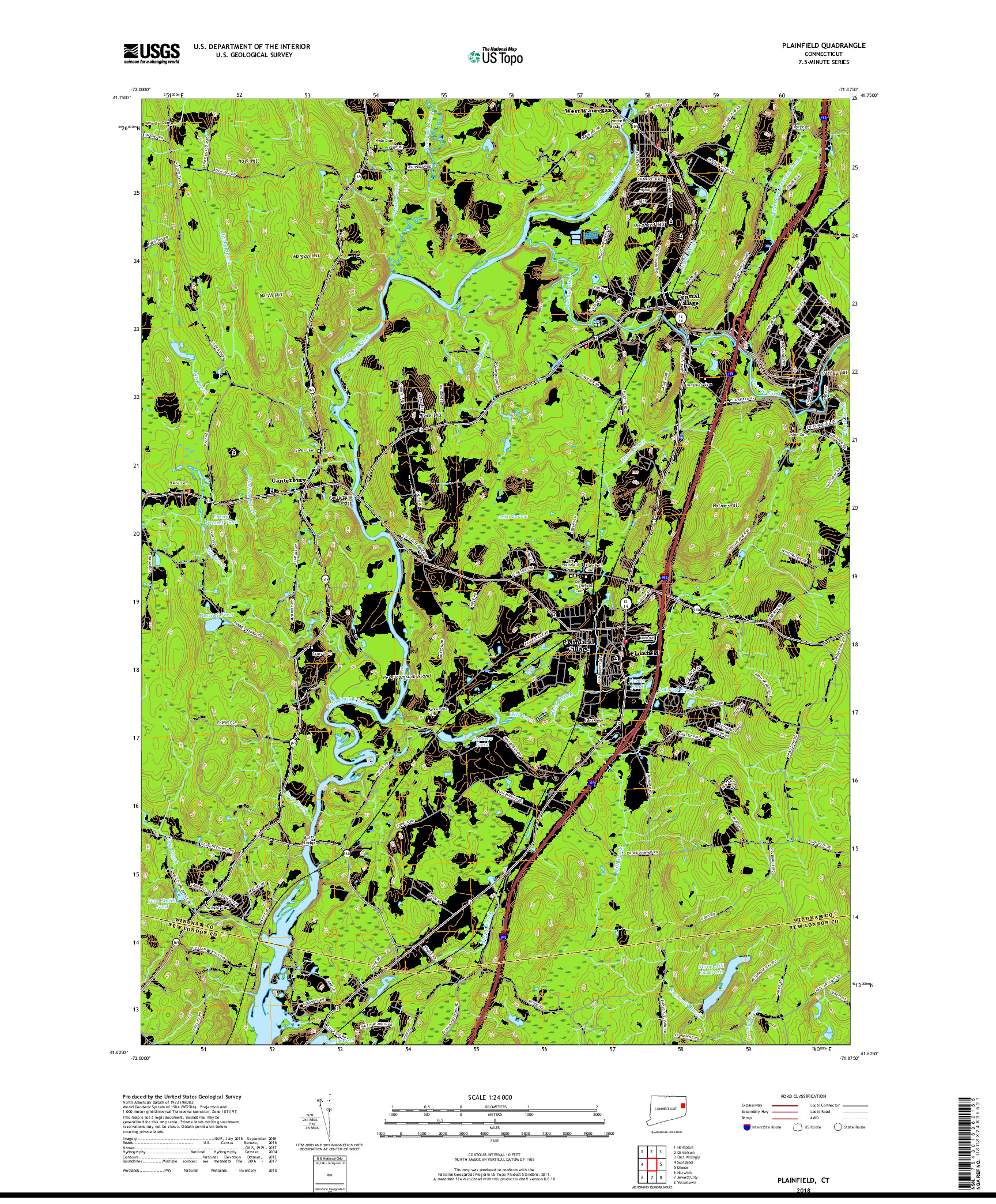 USGS US TOPO 7.5-MINUTE MAP FOR PLAINFIELD, CT 2018