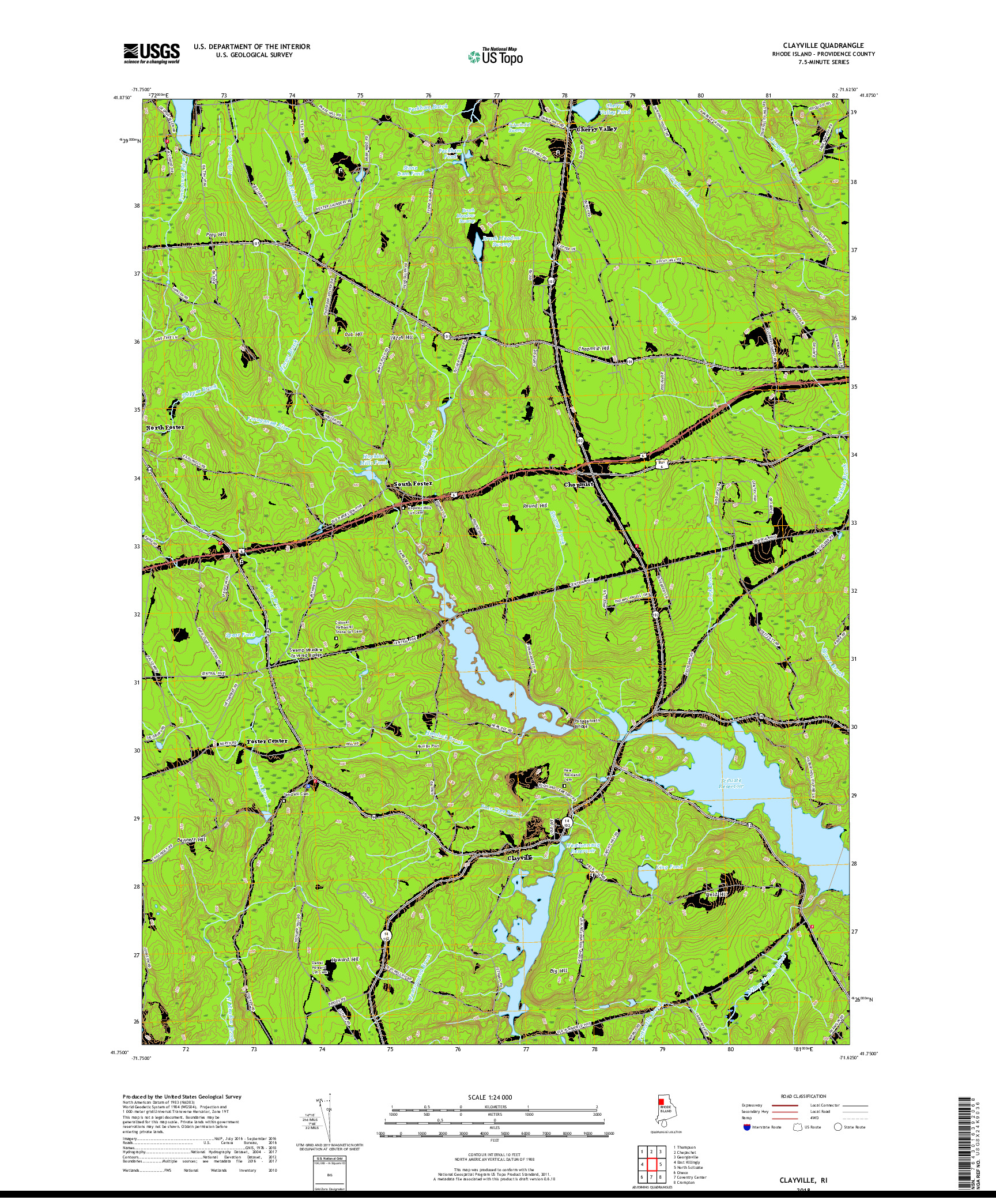 USGS US TOPO 7.5-MINUTE MAP FOR CLAYVILLE, RI 2018