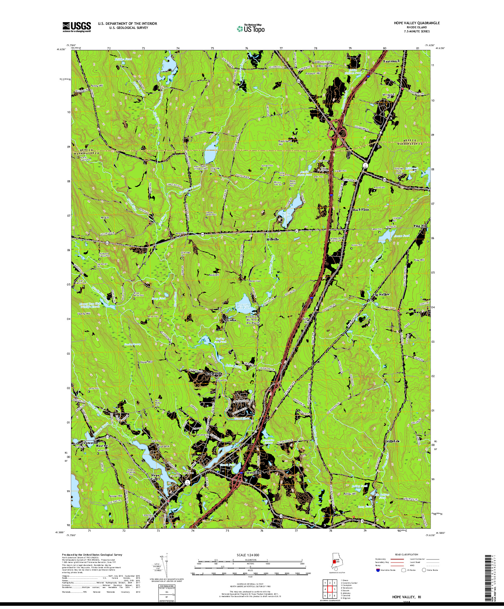 USGS US TOPO 7.5-MINUTE MAP FOR HOPE VALLEY, RI 2018