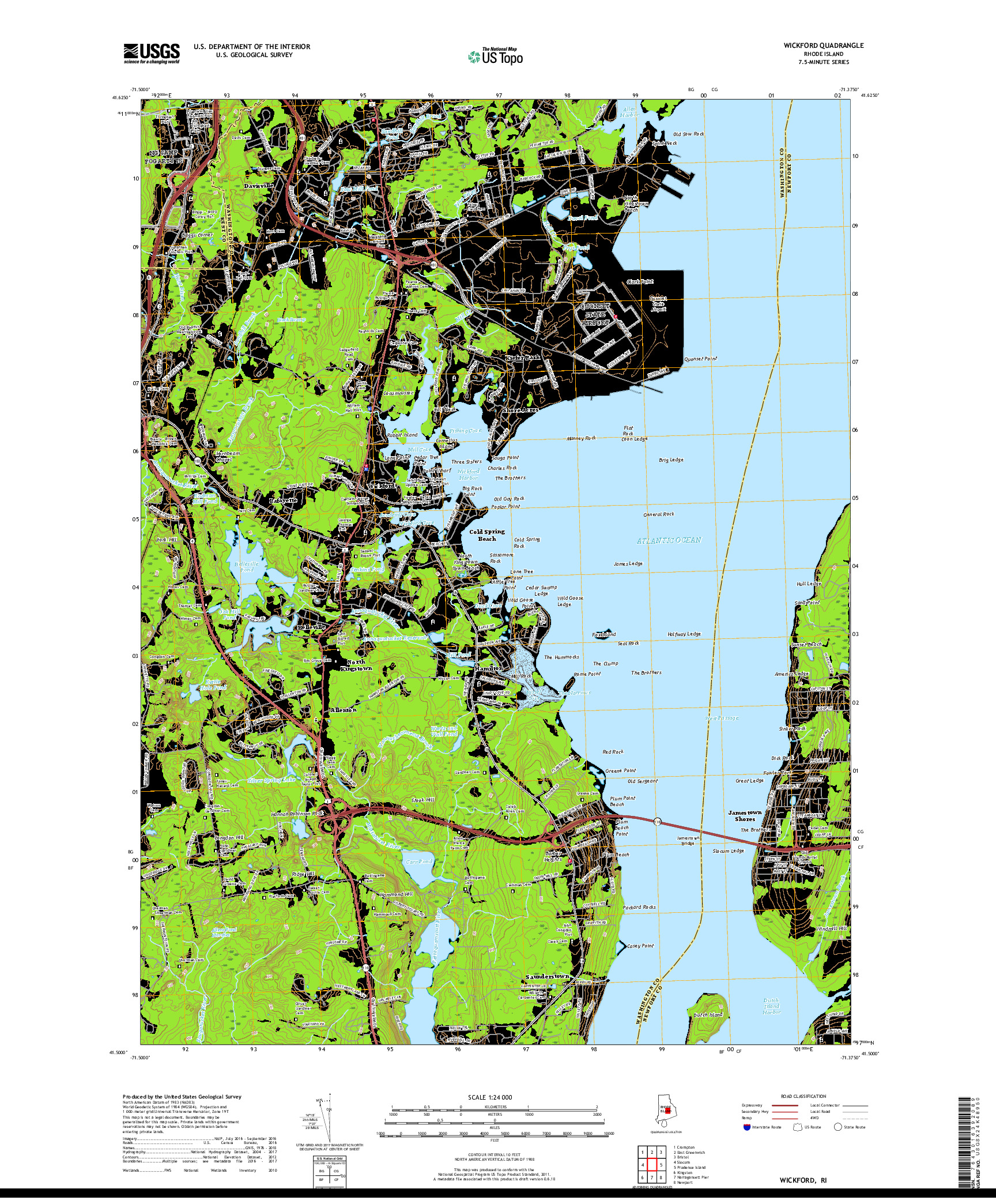 USGS US TOPO 7.5-MINUTE MAP FOR WICKFORD, RI 2018