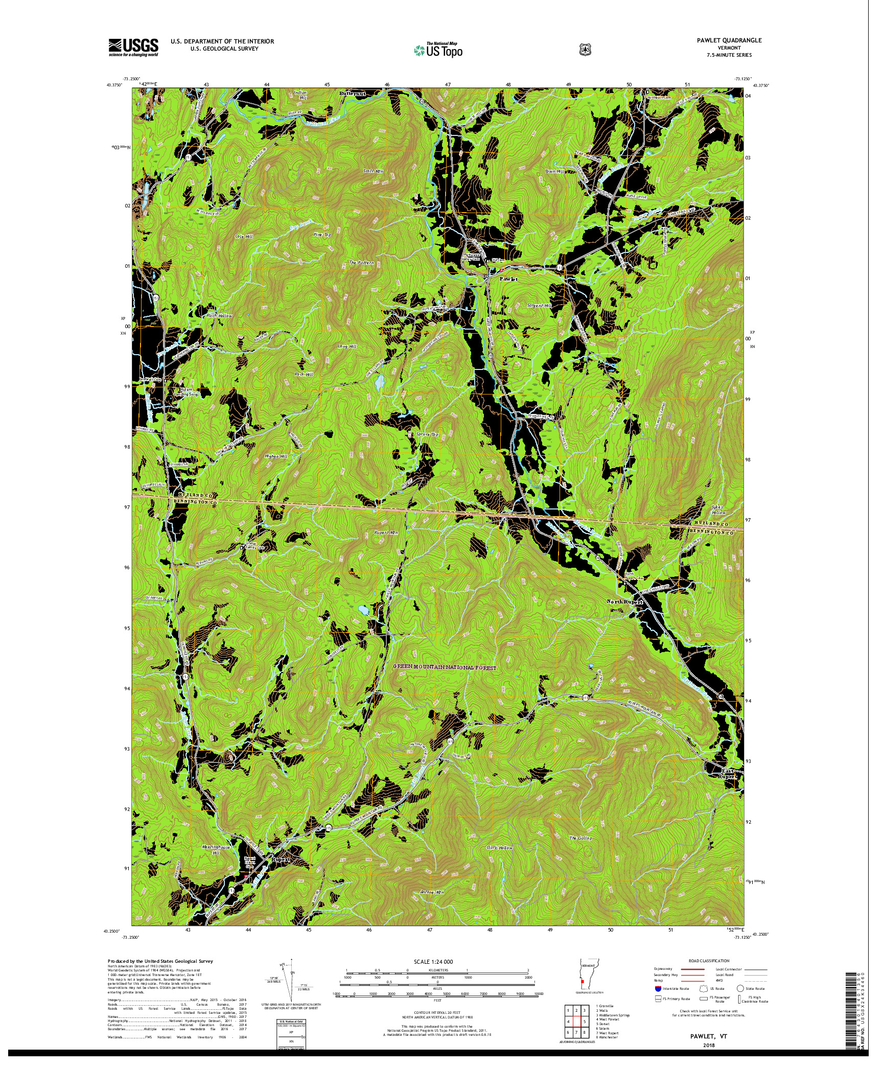 USGS US TOPO 7.5-MINUTE MAP FOR PAWLET, VT 2018