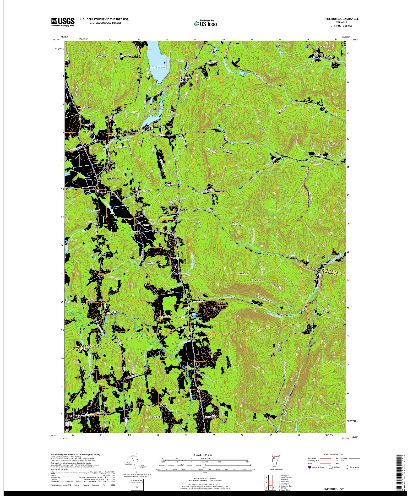 USGS US TOPO 7.5-MINUTE MAP FOR HINESBURG, VT 2018