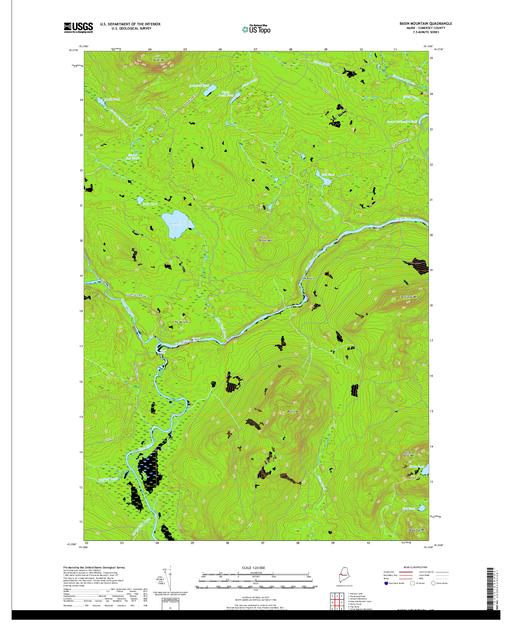 USGS US TOPO 7.5-MINUTE MAP FOR BASIN MOUNTAIN, ME 2018