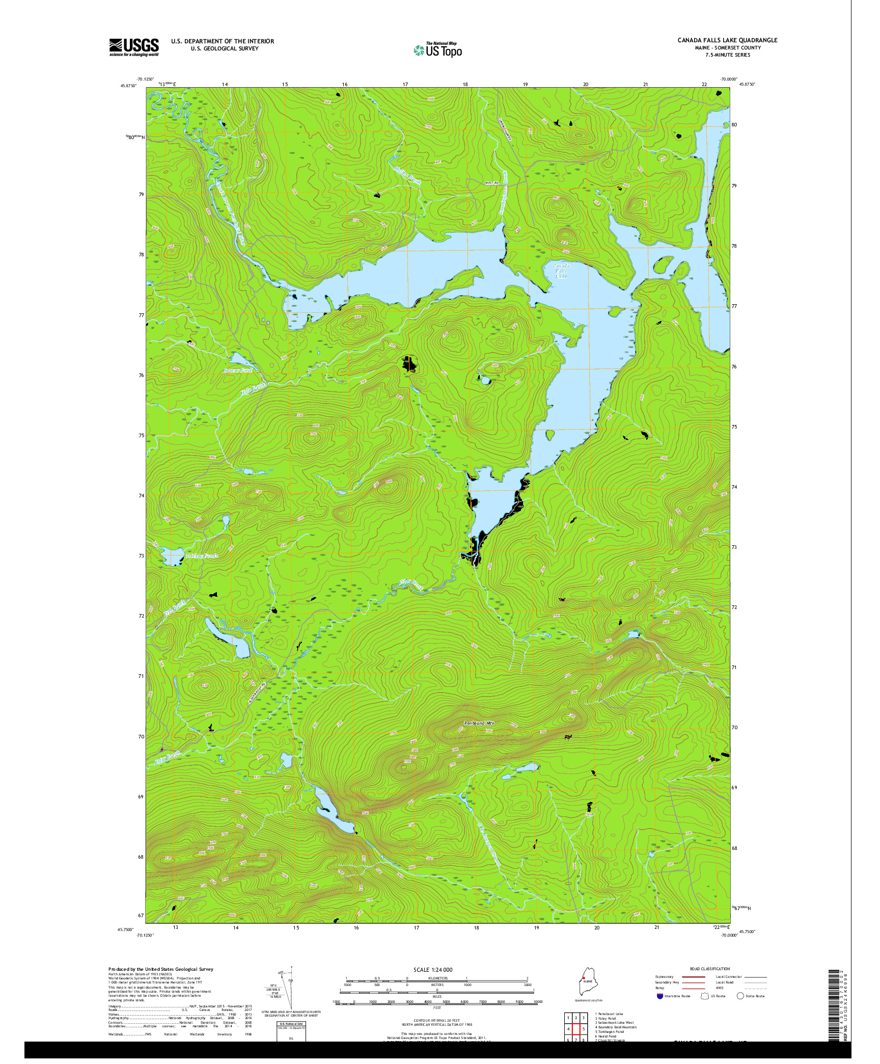 USGS US TOPO 7.5-MINUTE MAP FOR CANADA FALLS LAKE, ME 2018