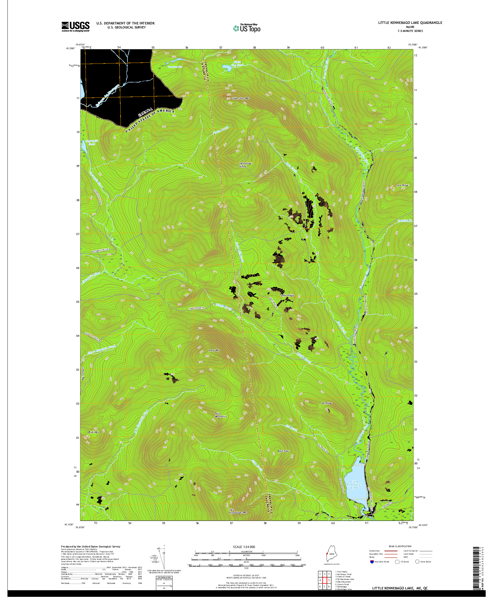 USGS US TOPO 7.5-MINUTE MAP FOR LITTLE KENNEBAGO LAKE, ME,QC 2018