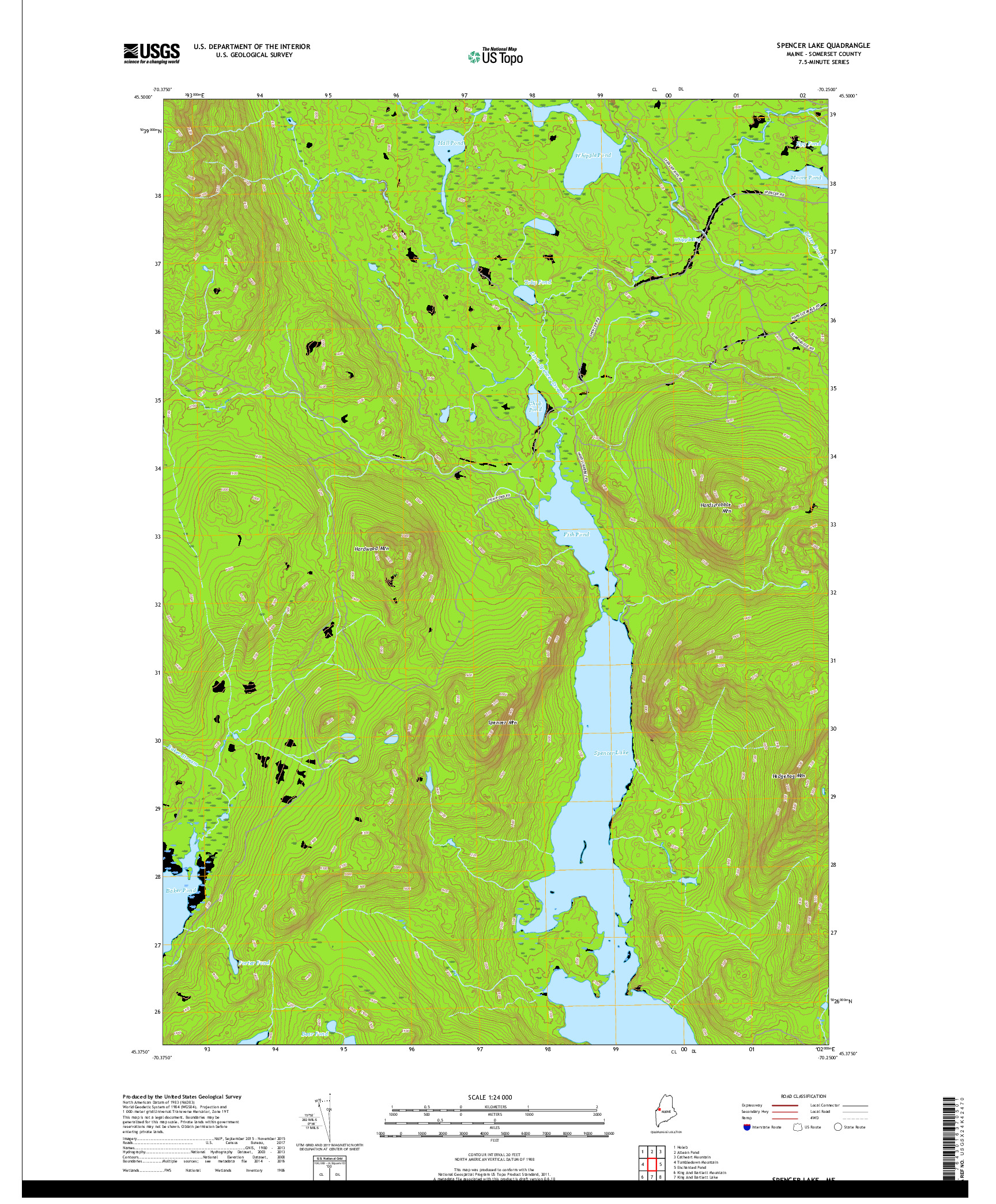USGS US TOPO 7.5-MINUTE MAP FOR SPENCER LAKE, ME 2018