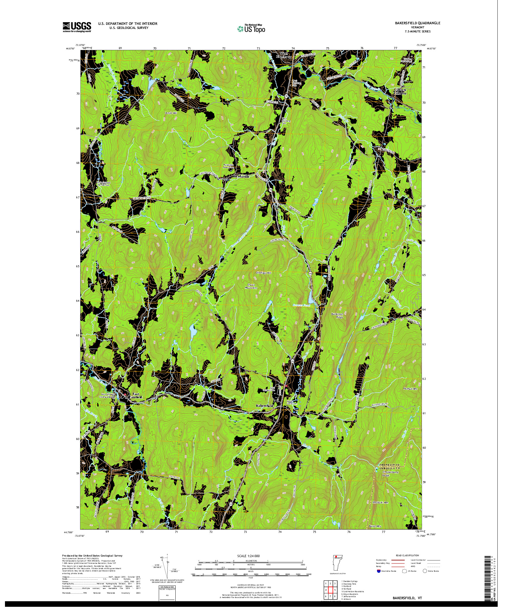 USGS US TOPO 7.5-MINUTE MAP FOR BAKERSFIELD, VT 2018