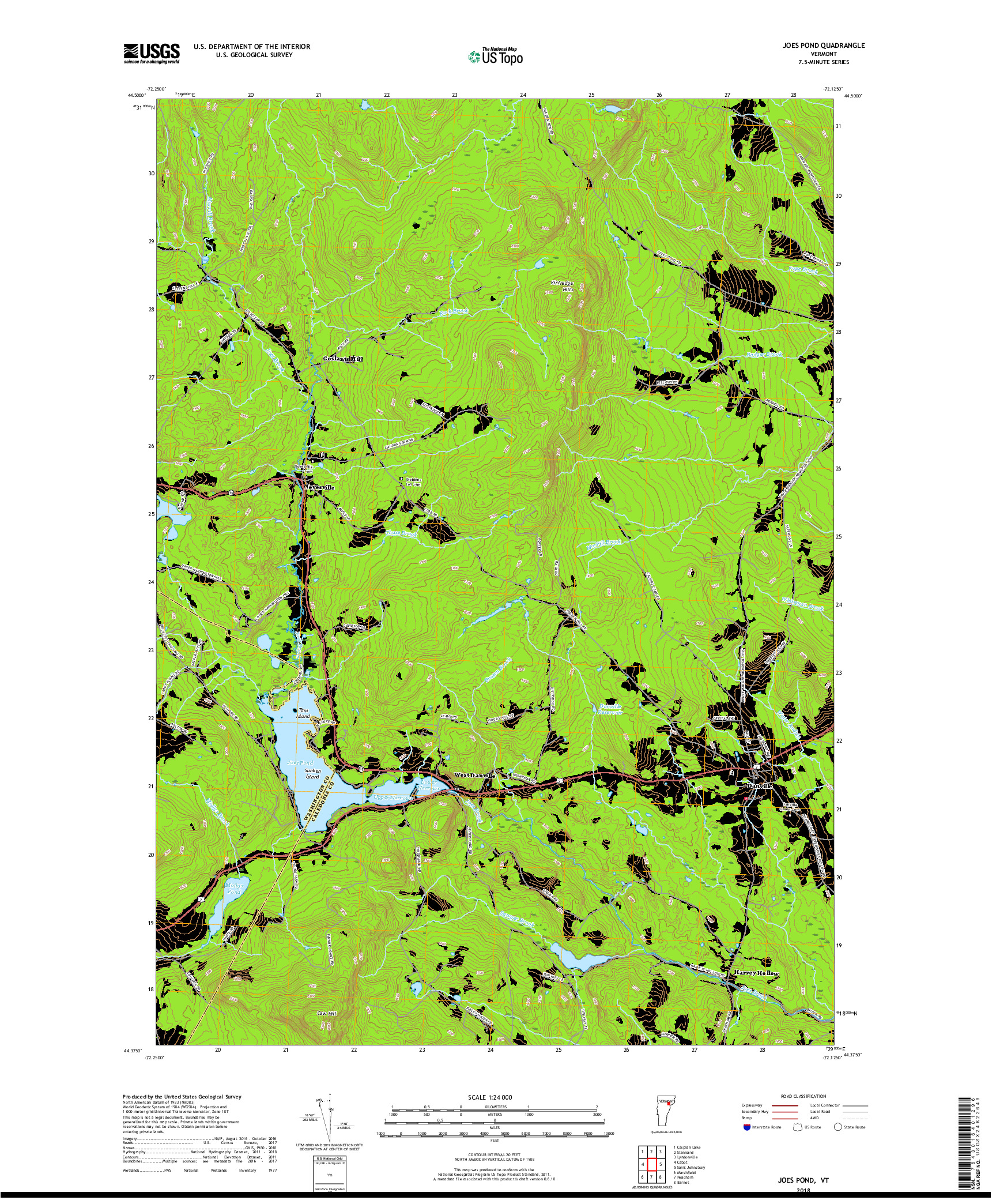 USGS US TOPO 7.5-MINUTE MAP FOR JOES POND, VT 2018