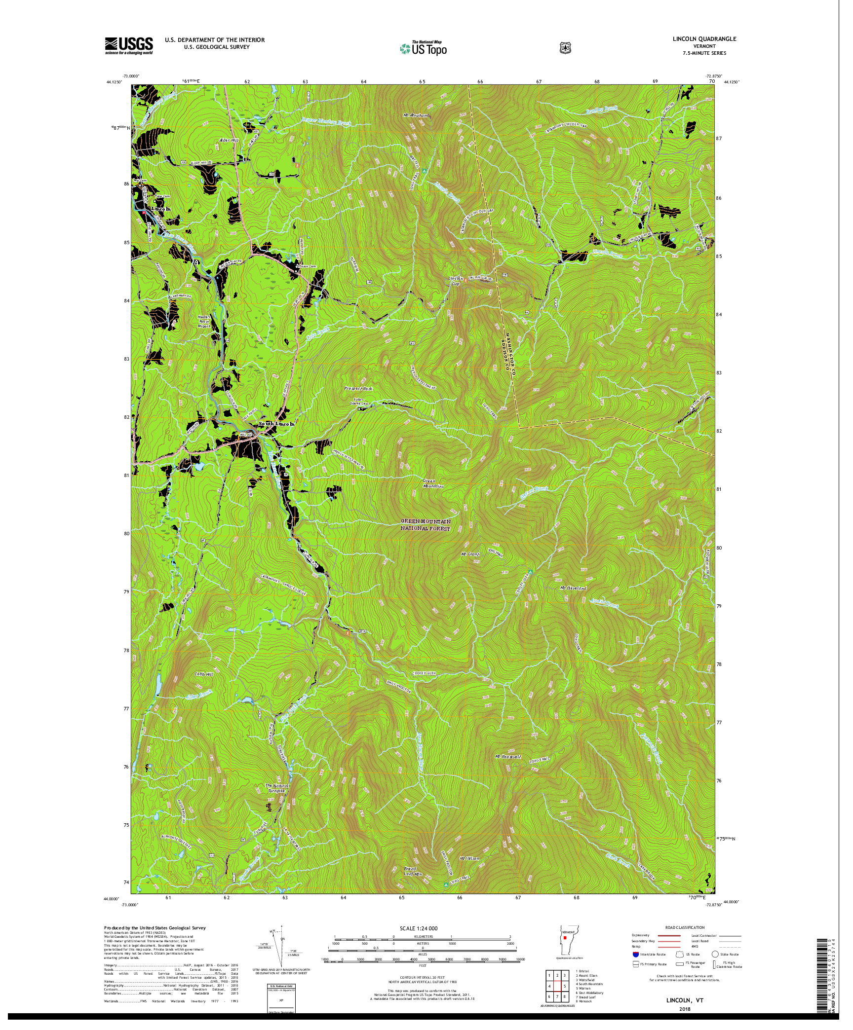 USGS US TOPO 7.5-MINUTE MAP FOR LINCOLN, VT 2018