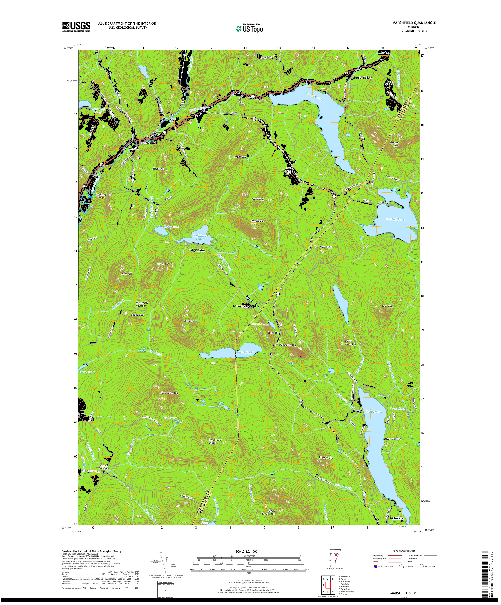 USGS US TOPO 7.5-MINUTE MAP FOR MARSHFIELD, VT 2018
