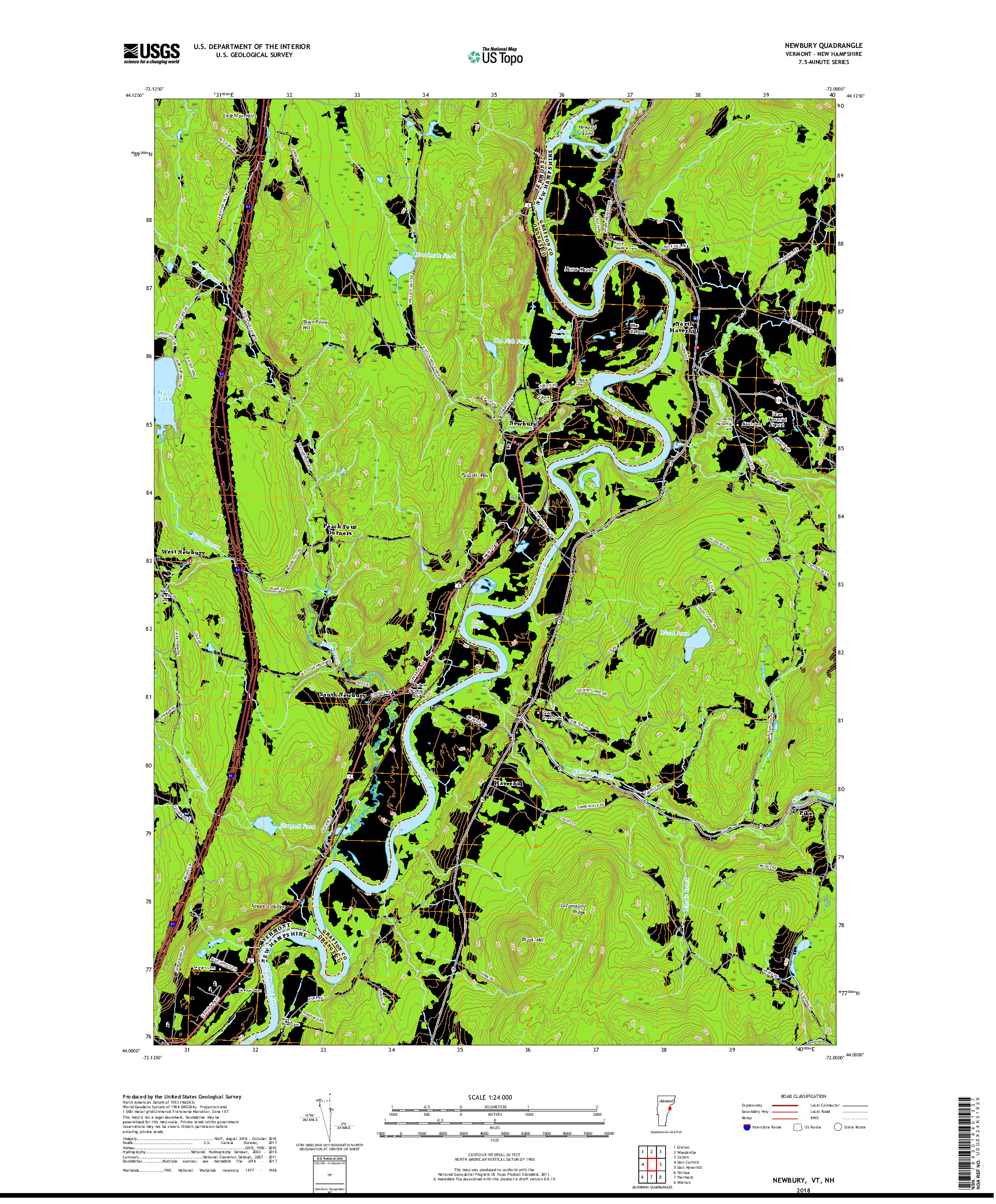 USGS US TOPO 7.5-MINUTE MAP FOR NEWBURY, VT,NH 2018
